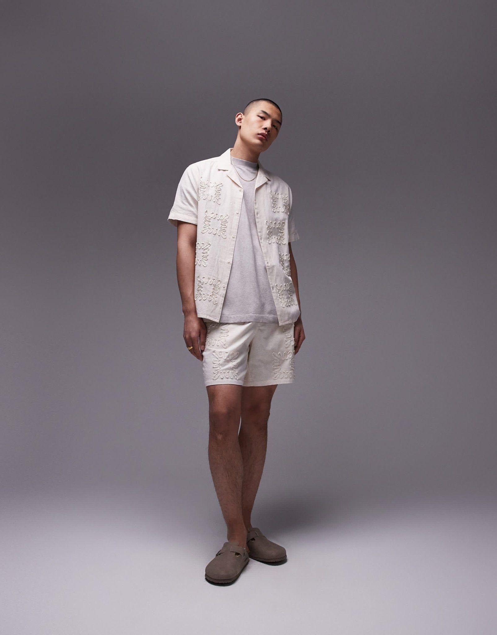 Topman co - ord short sleeve regular fit embroidered shirt in off white - ASOS Sample Sale EU Store