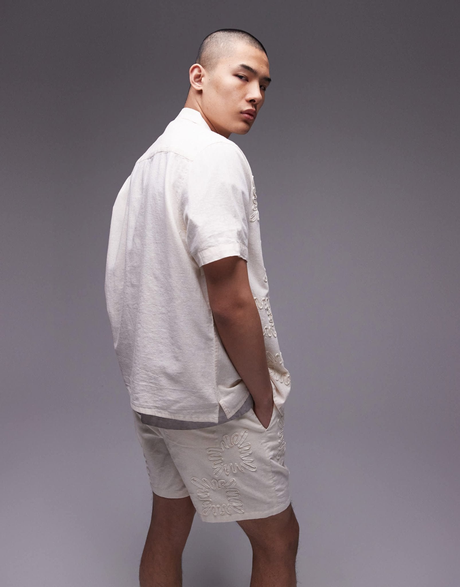 Topman co - ord short sleeve regular fit embroidered shirt in off white - ASOS Sample Sale EU Store
