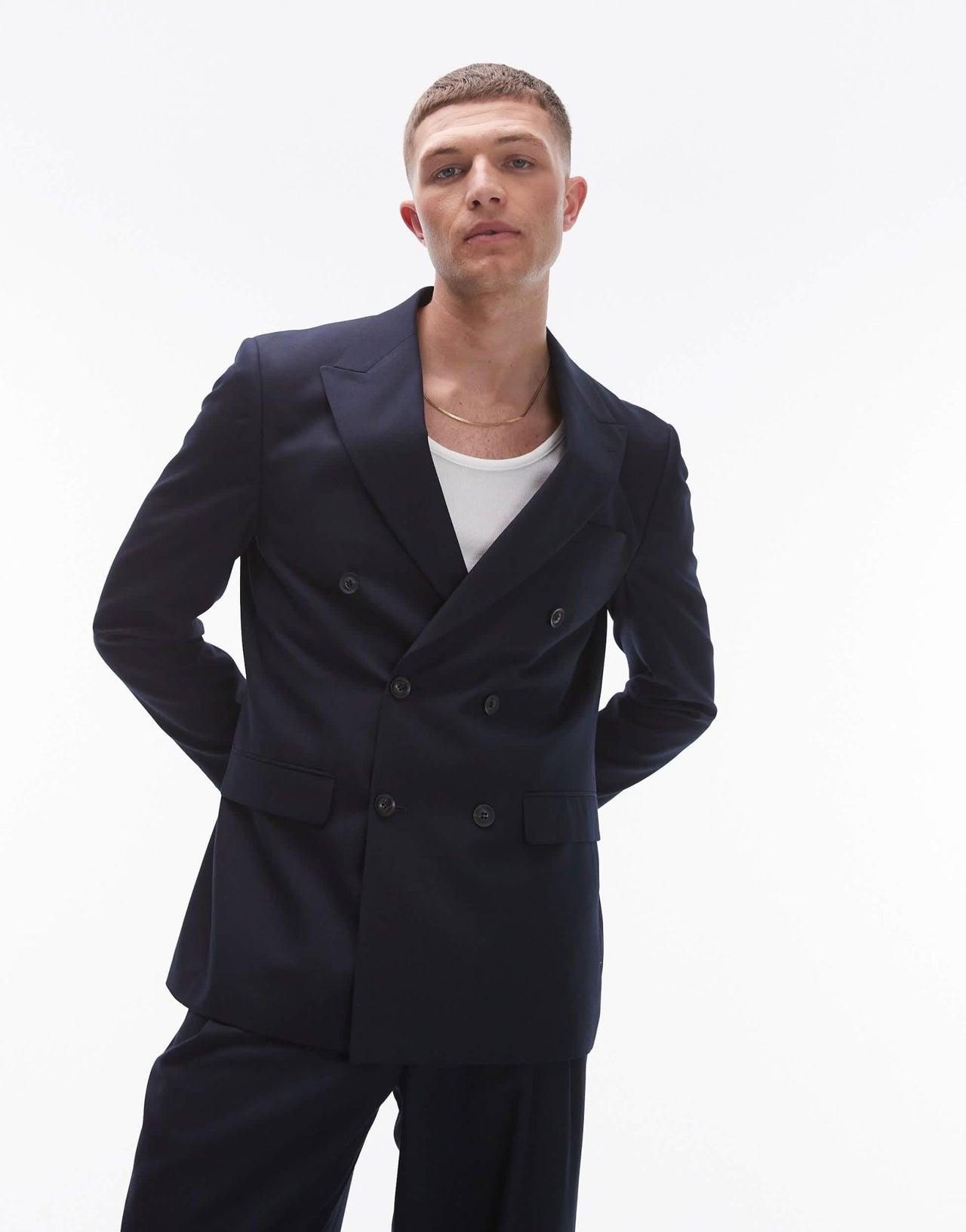 Topman double breasted linen blend mix slim suit jacket in navy - ASOS Sample Sale EU Store