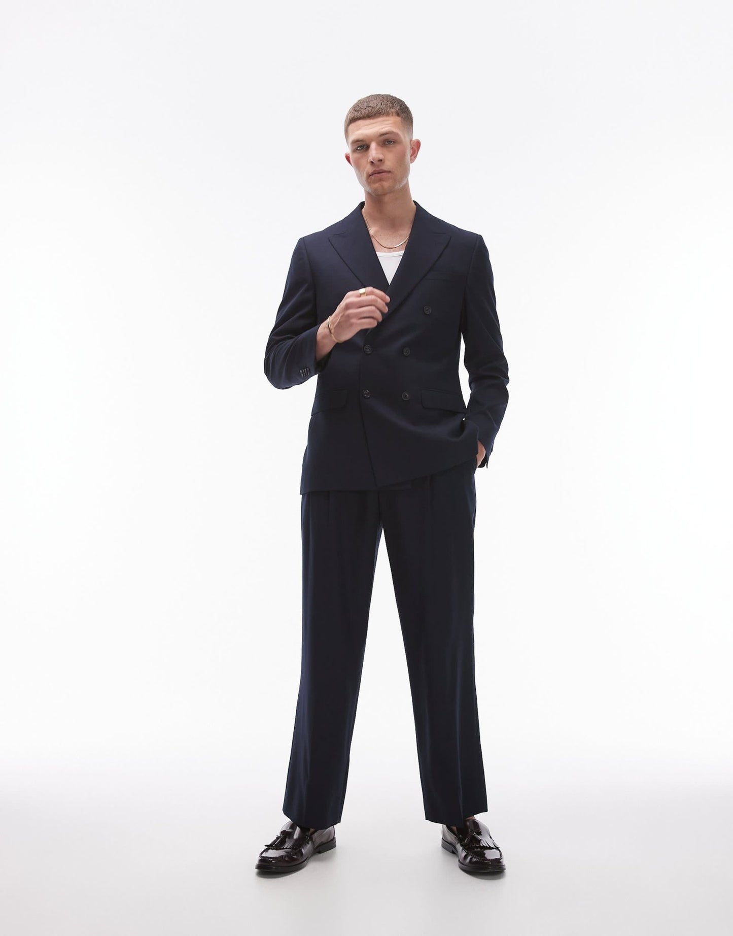 Topman double breasted linen blend mix slim suit jacket in navy - ASOS Sample Sale EU Store