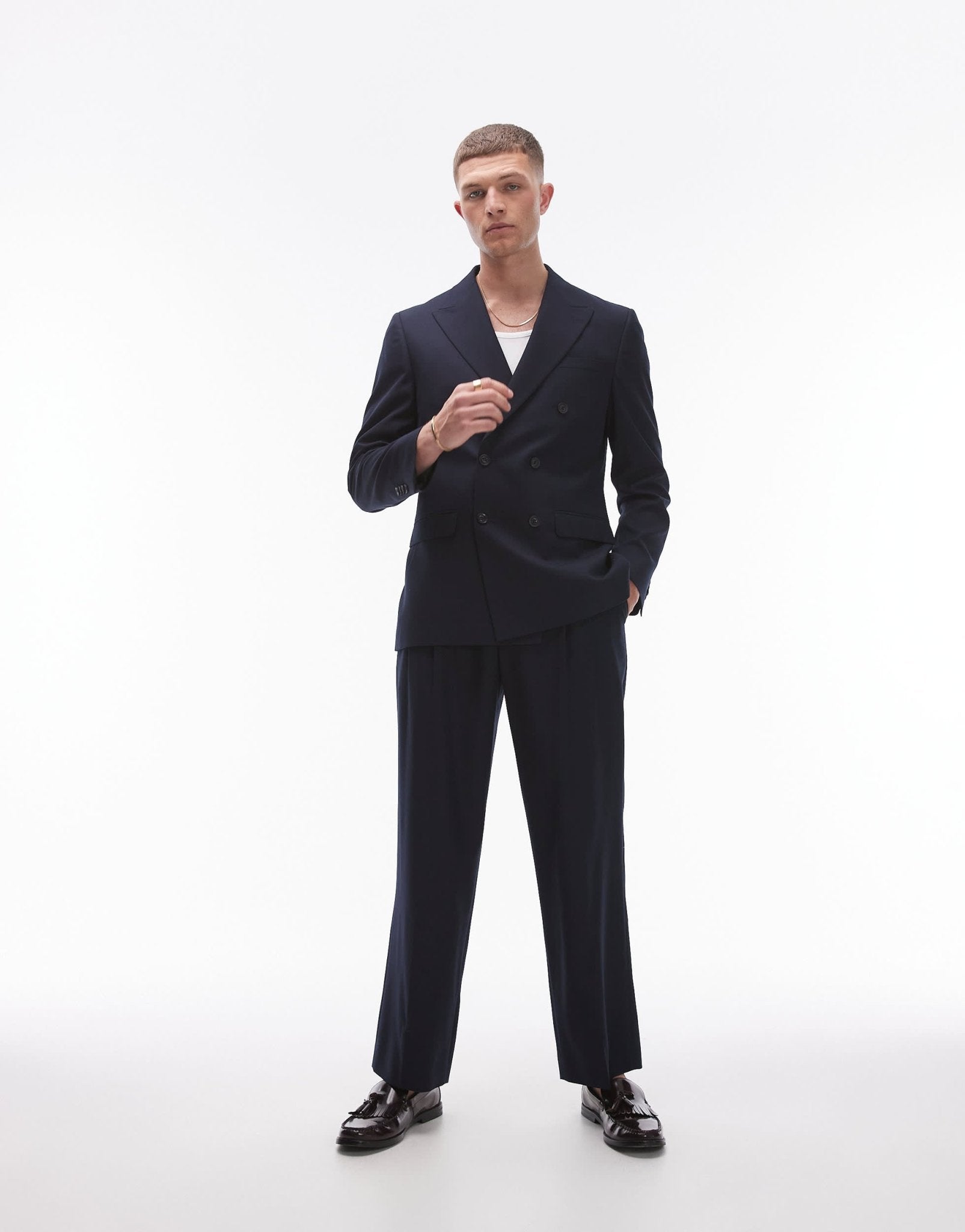 Topman double breasted linen blend mix slim suit jacket in navy - ASOS Sample Sale EU Store