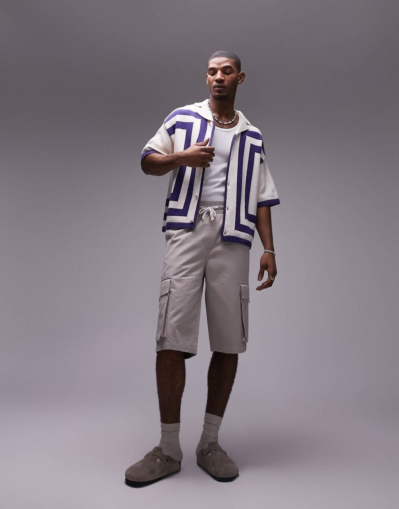 Topman knitted crochet vertical stripe button through shirt in white - ASOS Sample Sale EU Store