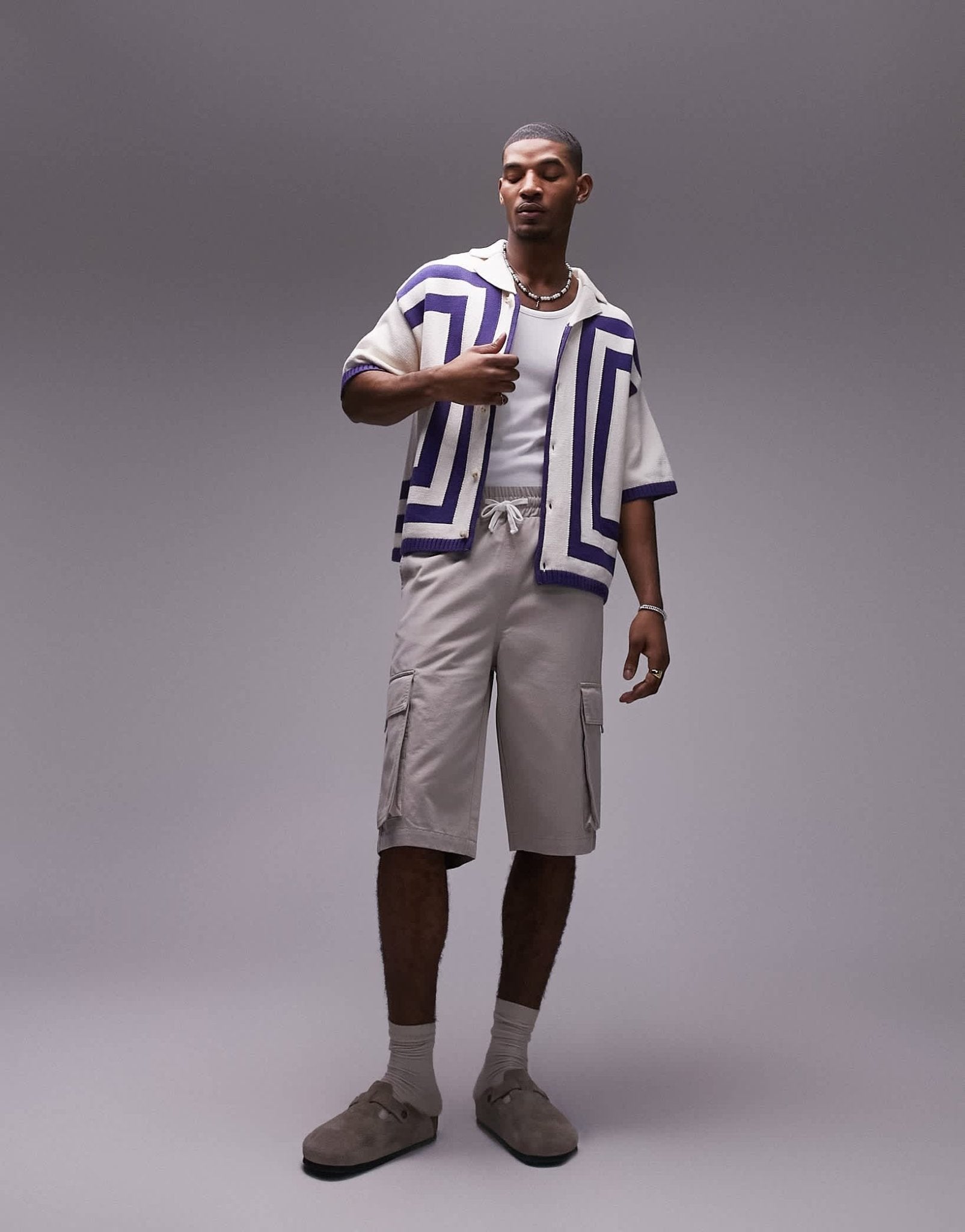 Topman knitted crochet vertical stripe button through shirt in white - ASOS Sample Sale EU Store