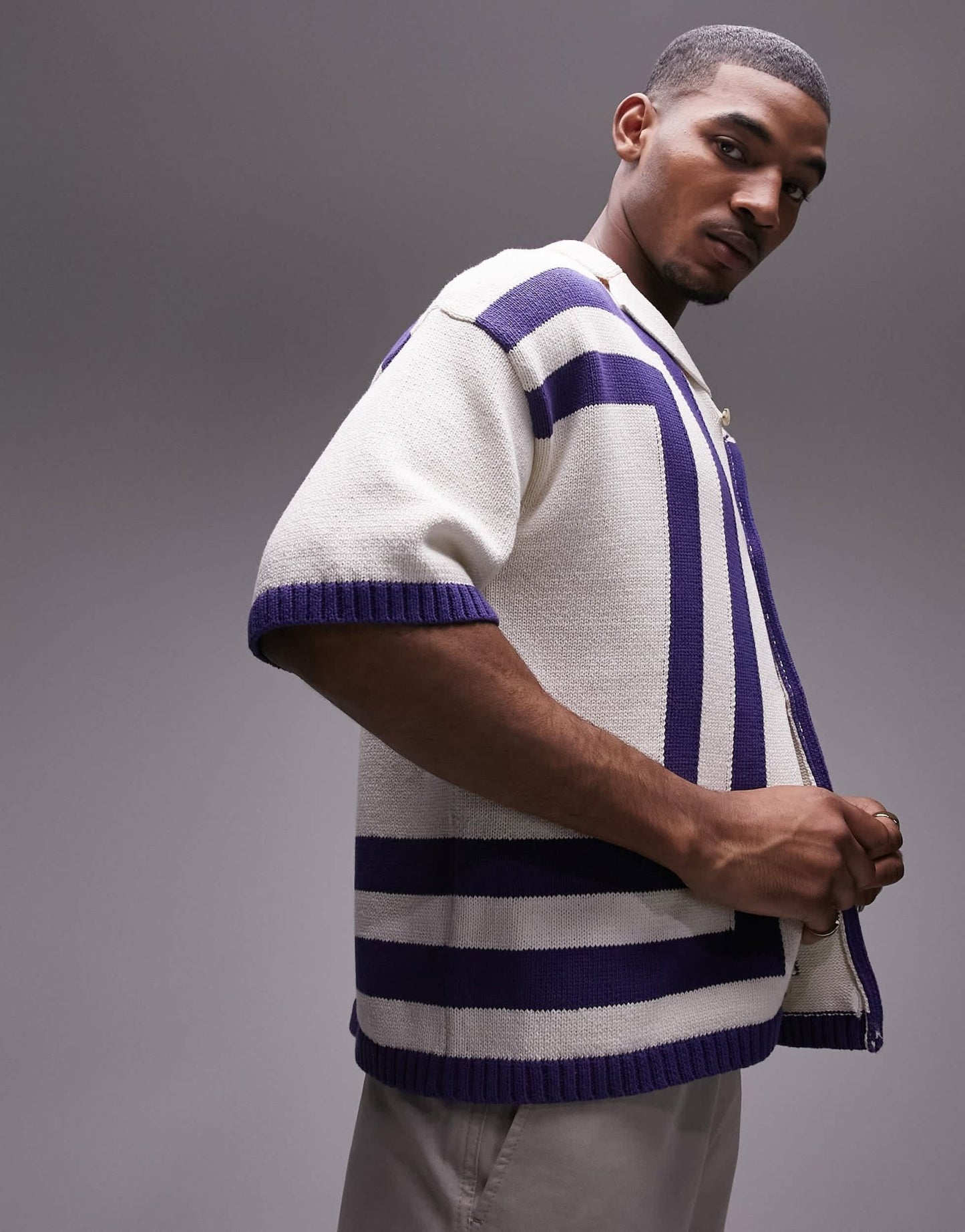Topman knitted crochet vertical stripe button through shirt in white - ASOS Sample Sale EU Store