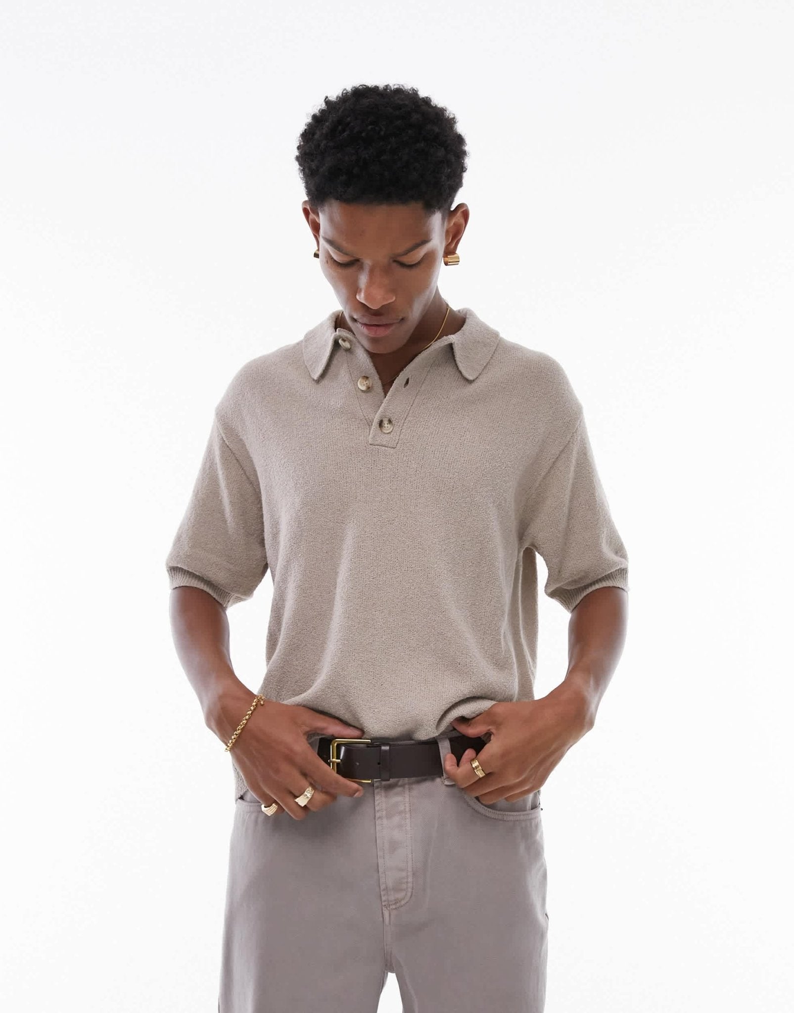 Topman knitted textured polo in stone - ASOS Sample Sale EU Store