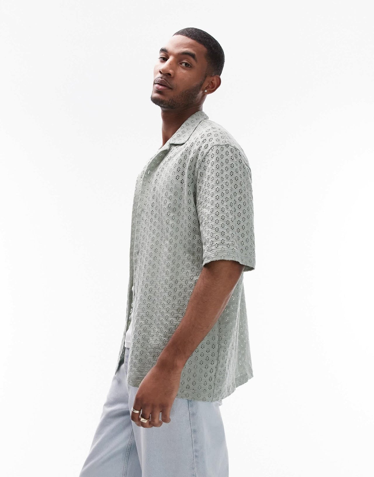 Topman relaxed fit button through jersey crochet polo in sage - ASOS Sample Sale EU Store
