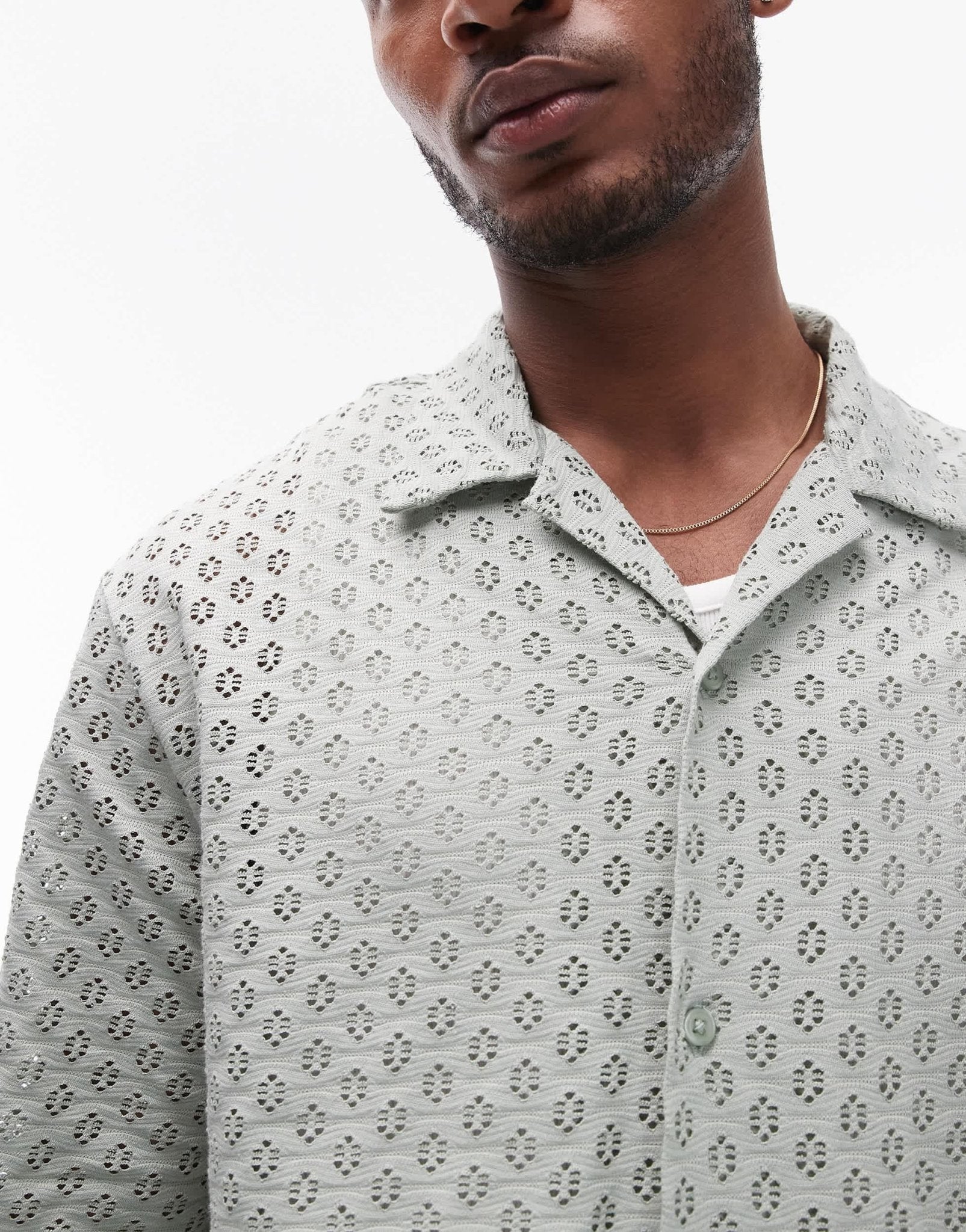 Topman relaxed fit button through jersey crochet polo in sage - ASOS Sample Sale EU Store