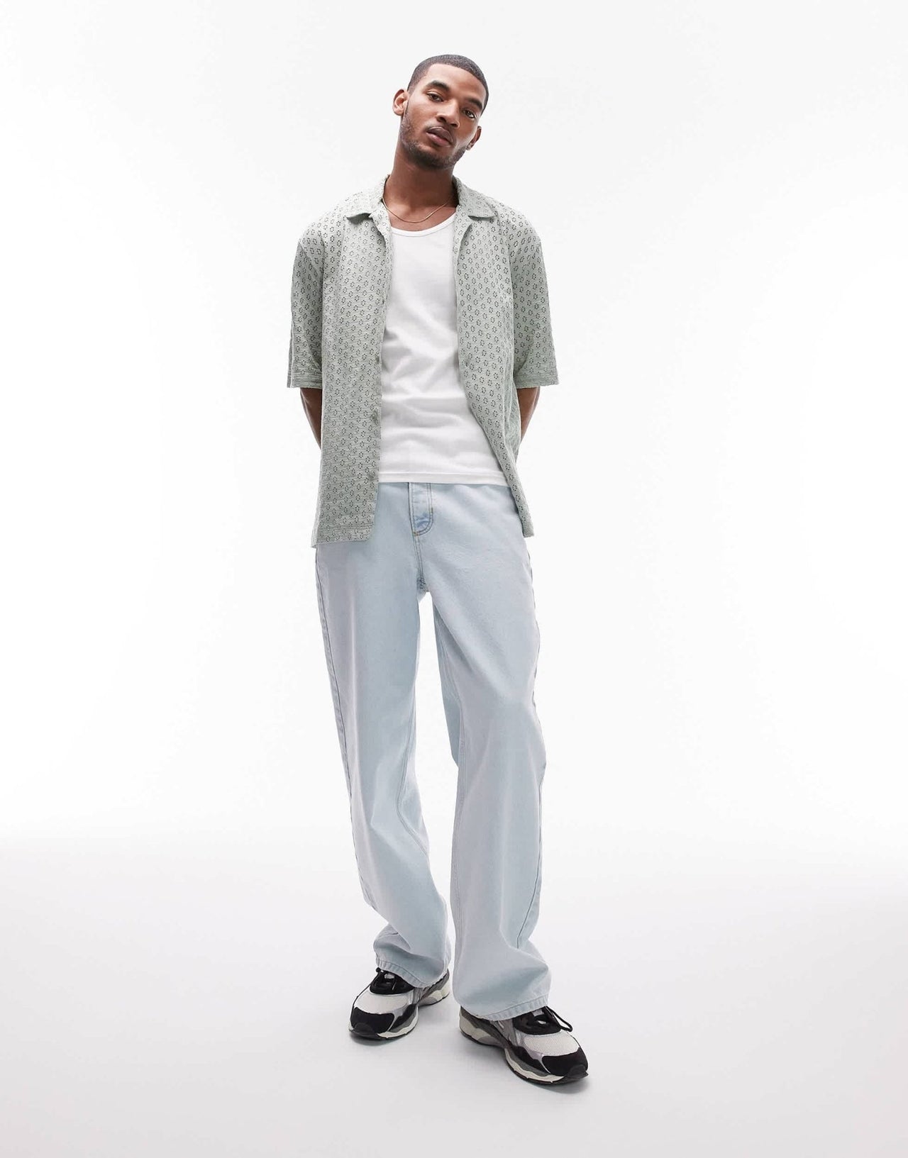 Topman relaxed fit button through jersey crochet polo in sage - ASOS Sample Sale EU Store
