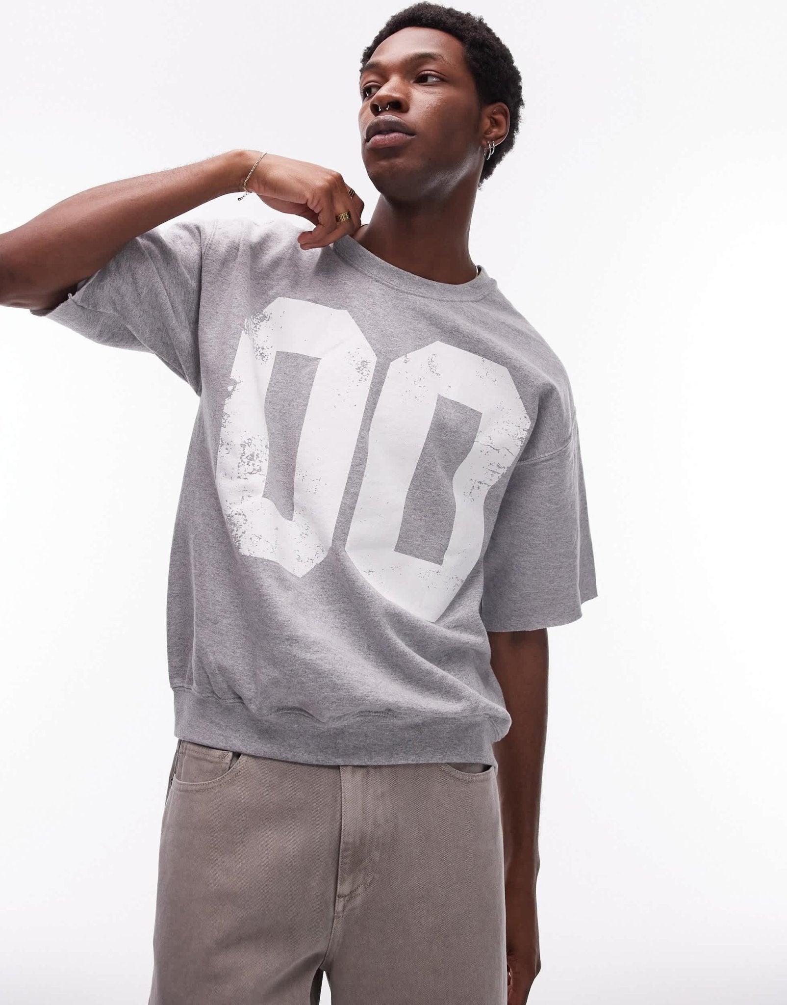 Topman relaxed fit short sleeve sweatshirt with number print in grey marl - ASOS Sample Sale EU Store
