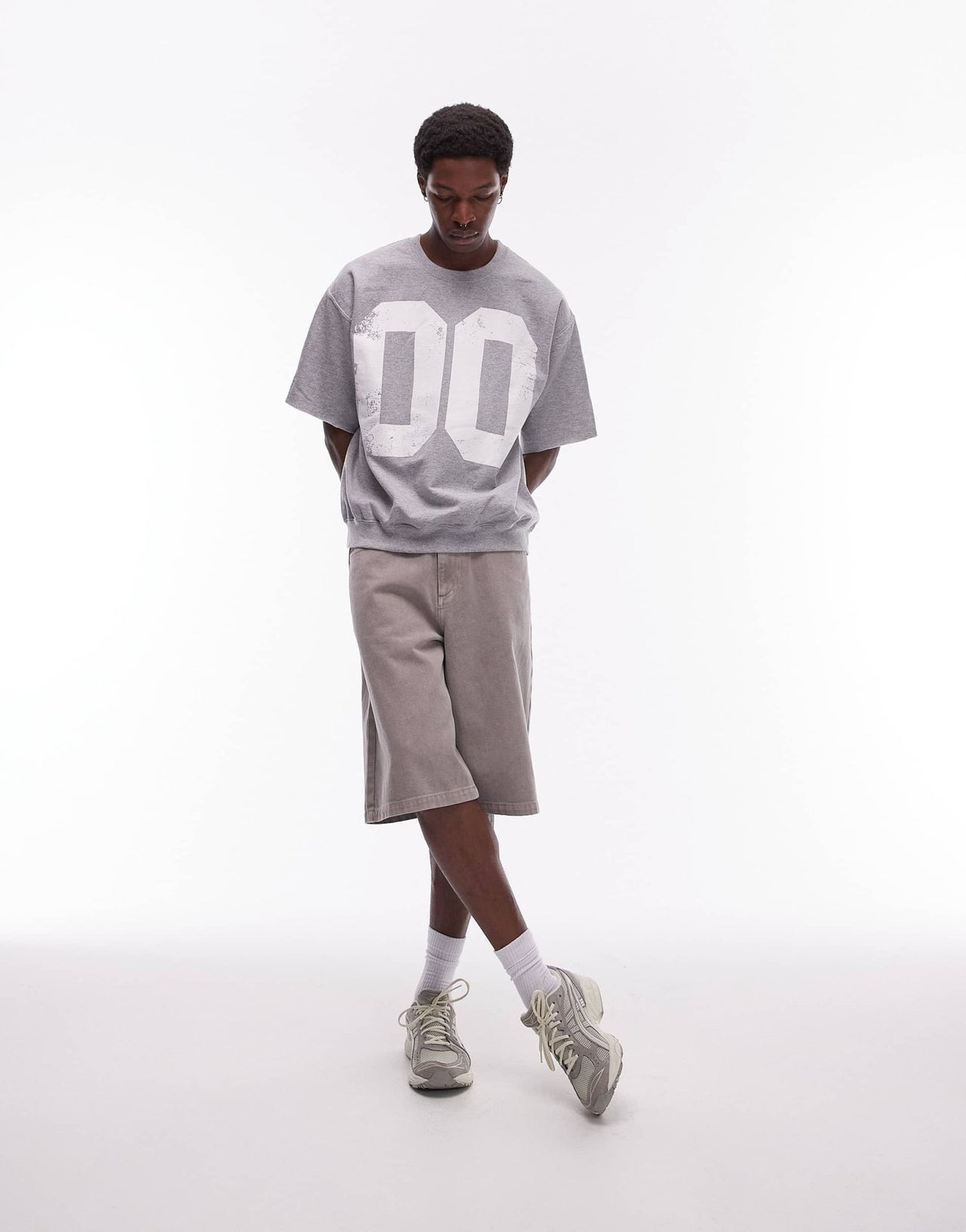 Topman relaxed fit short sleeve sweatshirt with number print in grey marl - ASOS Sample Sale EU Store