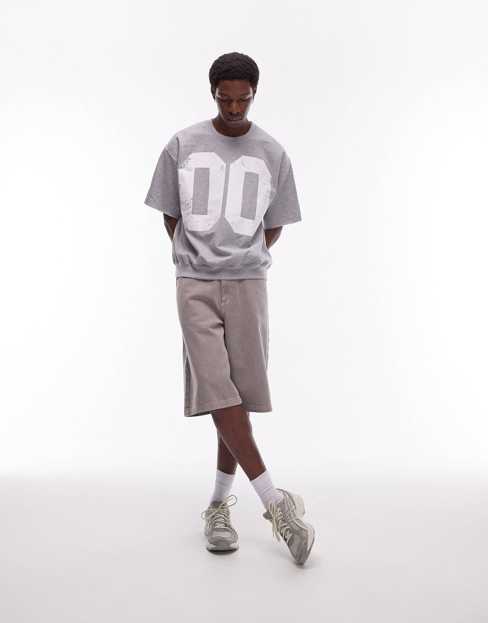 Topman relaxed fit short sleeve sweatshirt with number print in grey marl - ASOS Sample Sale EU Store