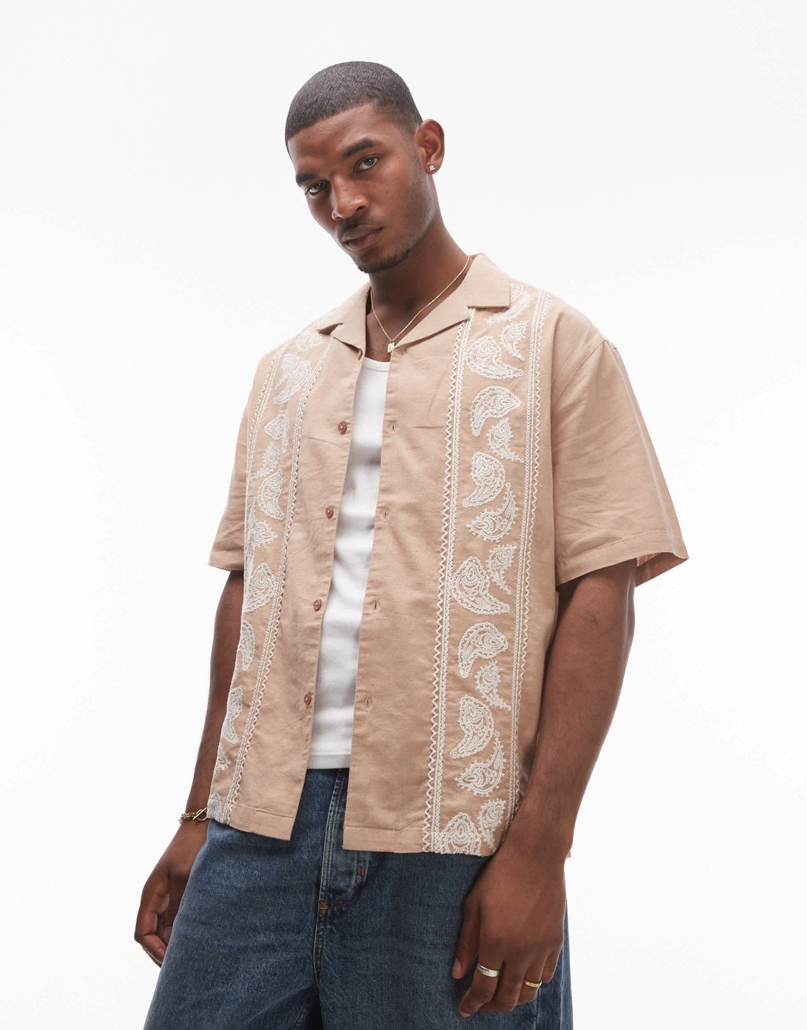 Topman short sleeve relaxed embroidered paisley shirt in stone - ASOS Sample Sale EU Store