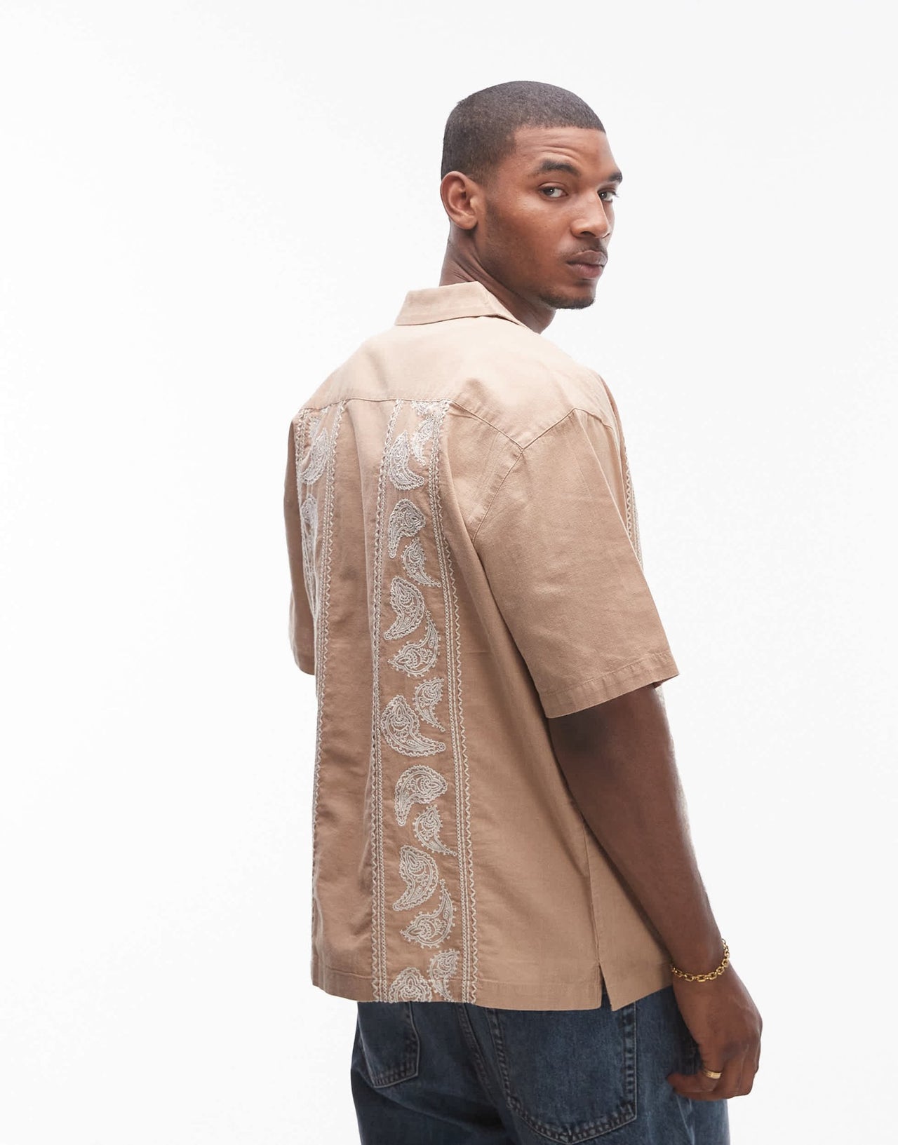 Topman short sleeve relaxed embroidered paisley shirt in stone - ASOS Sample Sale EU Store
