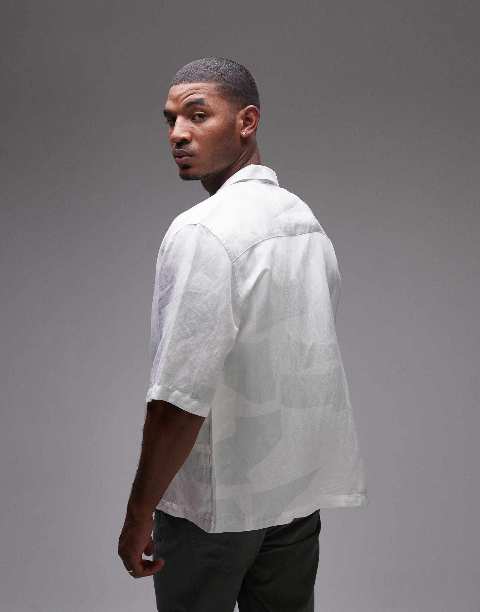 Topman short sleeve relaxed linen blend geo shirt in green - ASOS Sample Sale EU Store