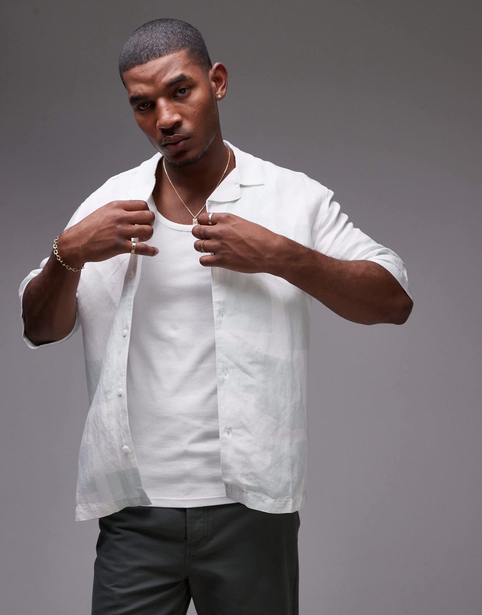 Topman short sleeve relaxed linen blend geo shirt in green - ASOS Sample Sale EU Store