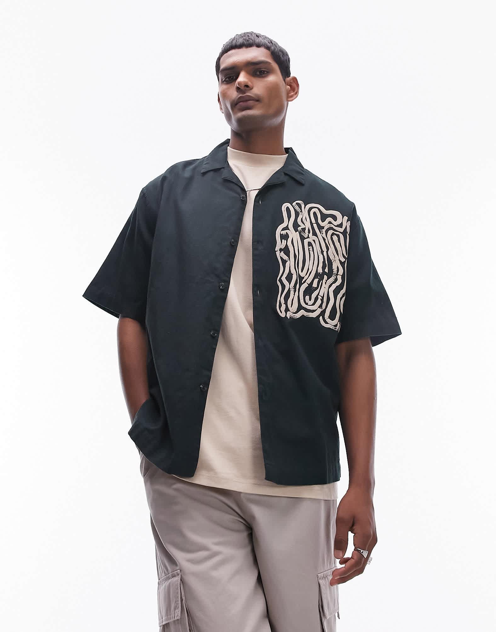 Topman short sleeve relaxed placement print shirt in green - ASOS Sample Sale EU Store