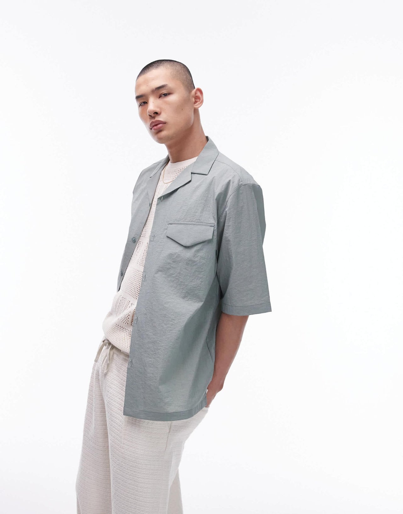 Topman short sleeve relaxed revere utility double pocket shirt in sage - ASOS Sample Sale EU Store