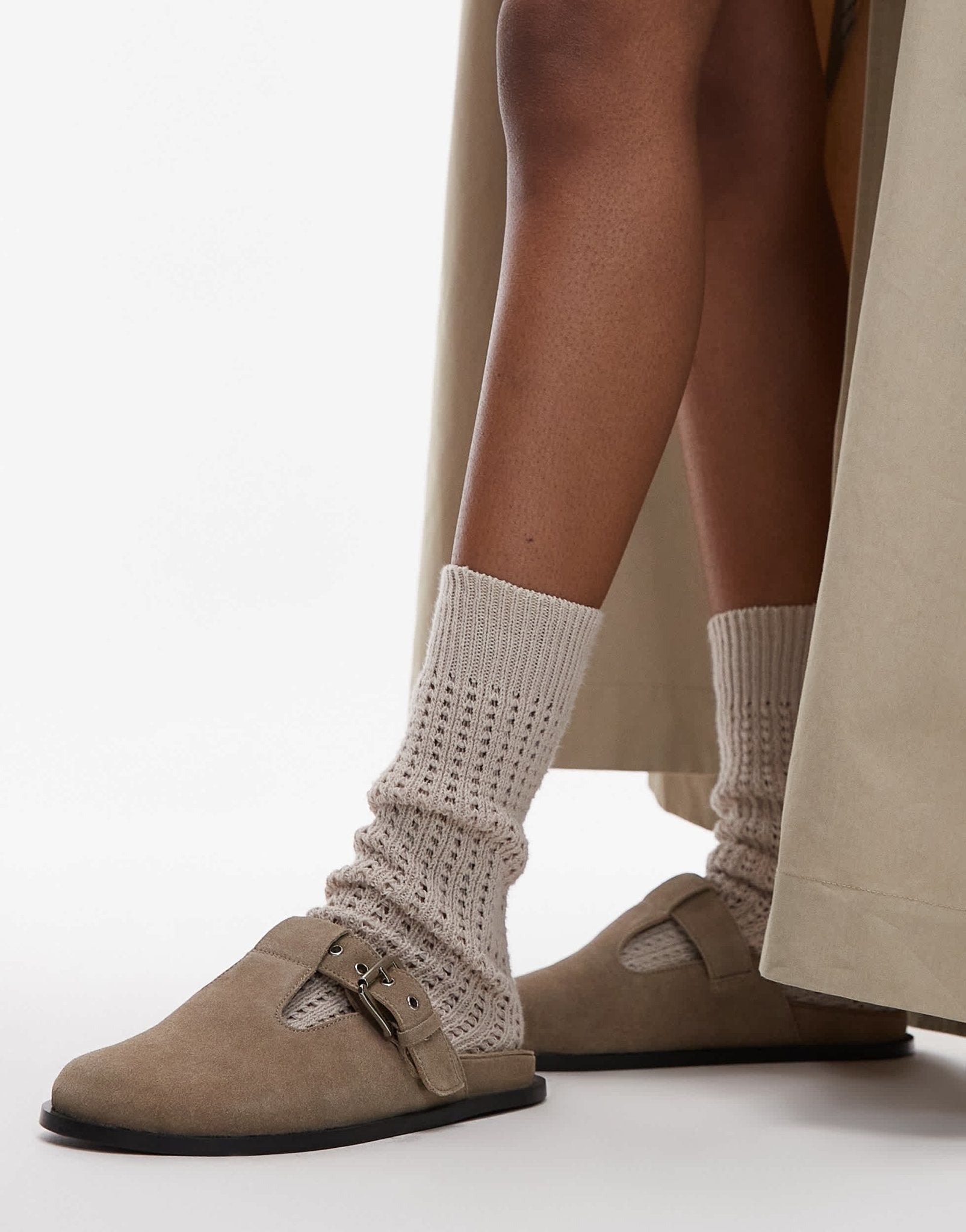 Topshop Annie real leather buckle clog in taupe suede - ASOS Sample Sale EU Store