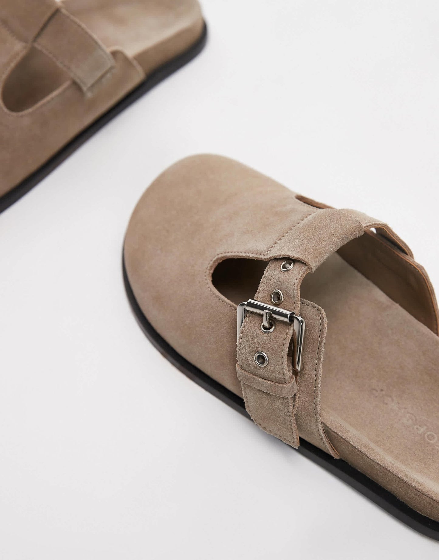 Topshop Annie real leather buckle clog in taupe suede - ASOS Sample Sale EU Store
