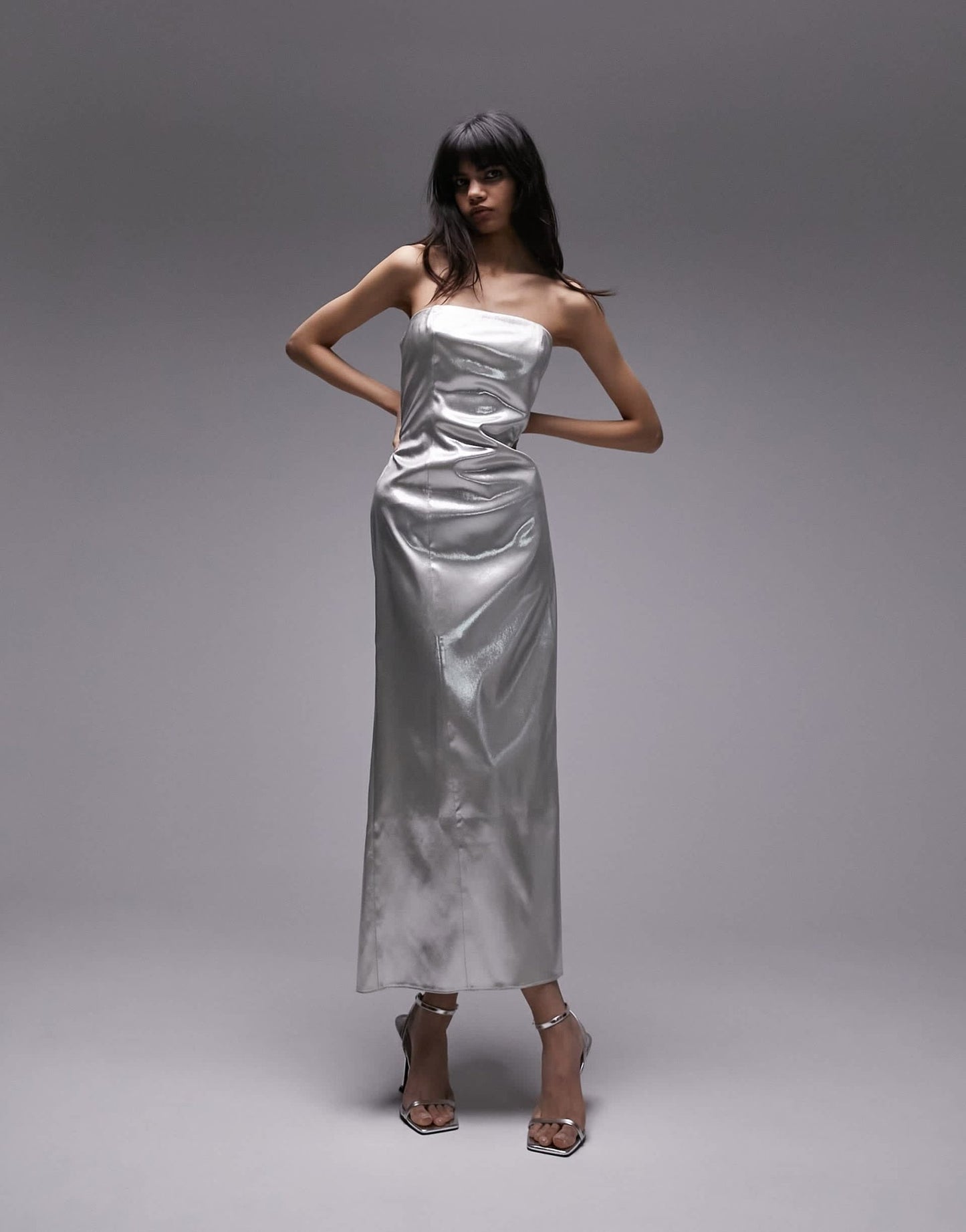 Topshop bandeau metallic midi dress in silver - ASOS Sample Sale EU Store