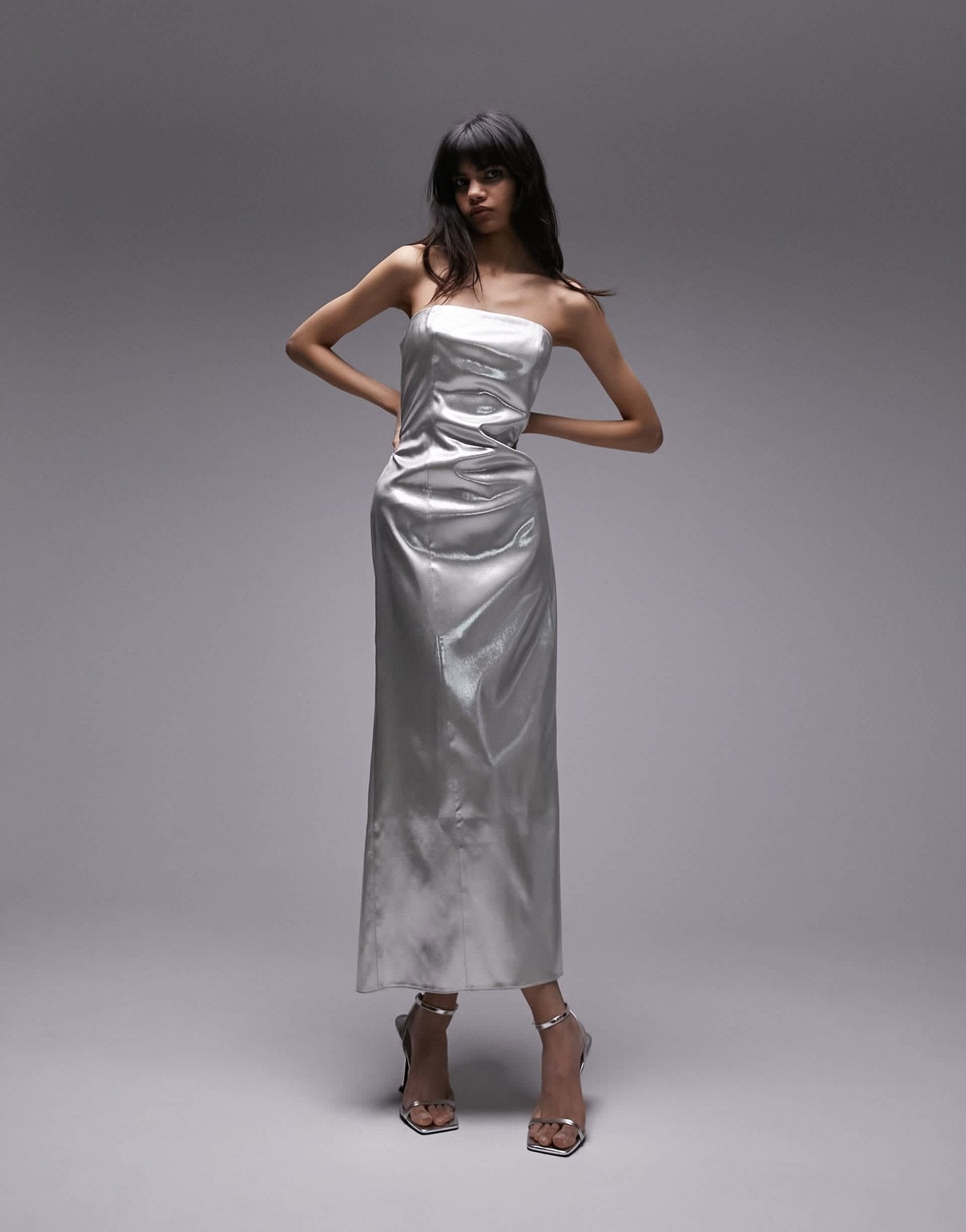 Topshop bandeau metallic midi dress in silver - ASOS Sample Sale EU Store