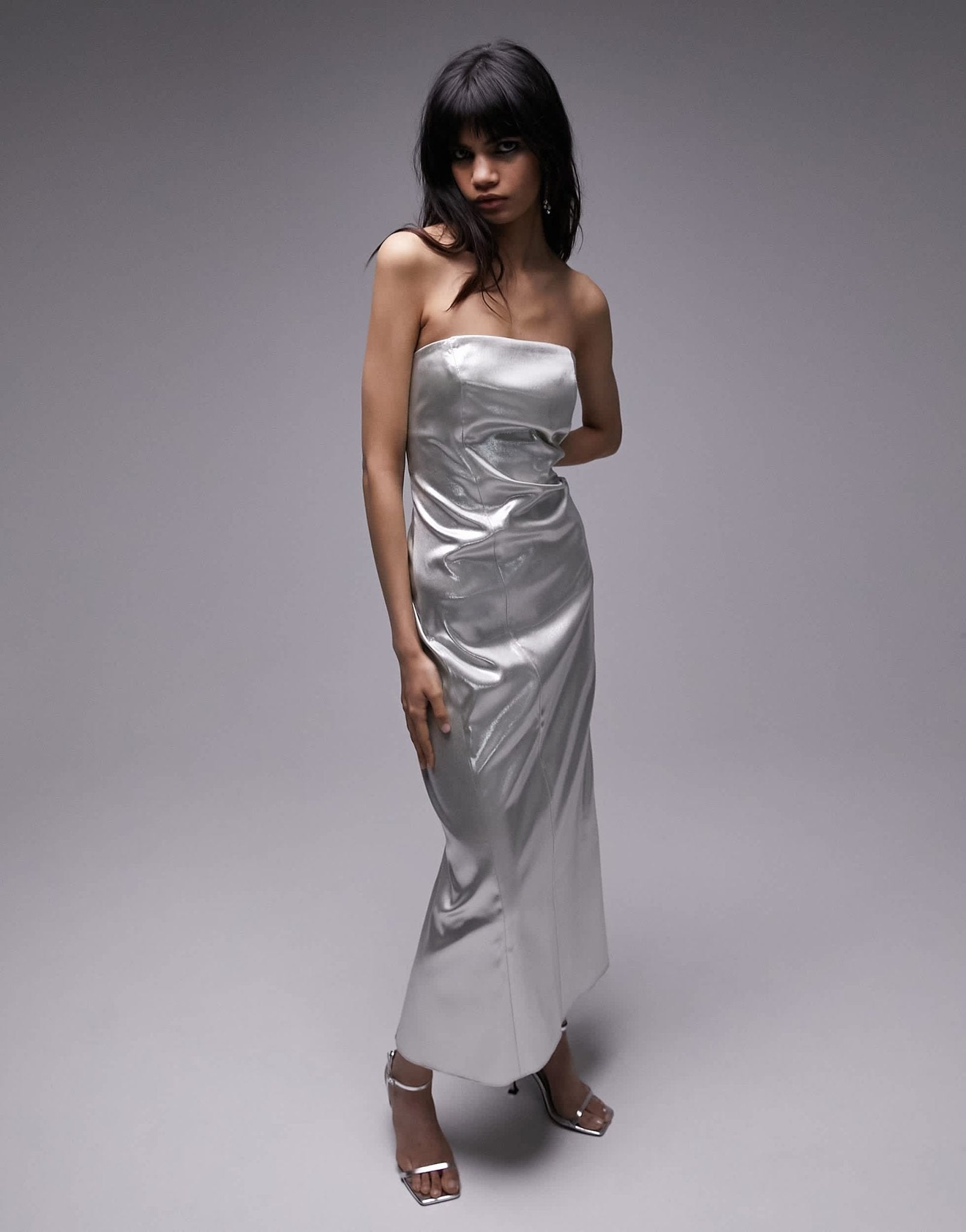 Topshop bandeau metallic midi dress in silver - ASOS Sample Sale EU Store