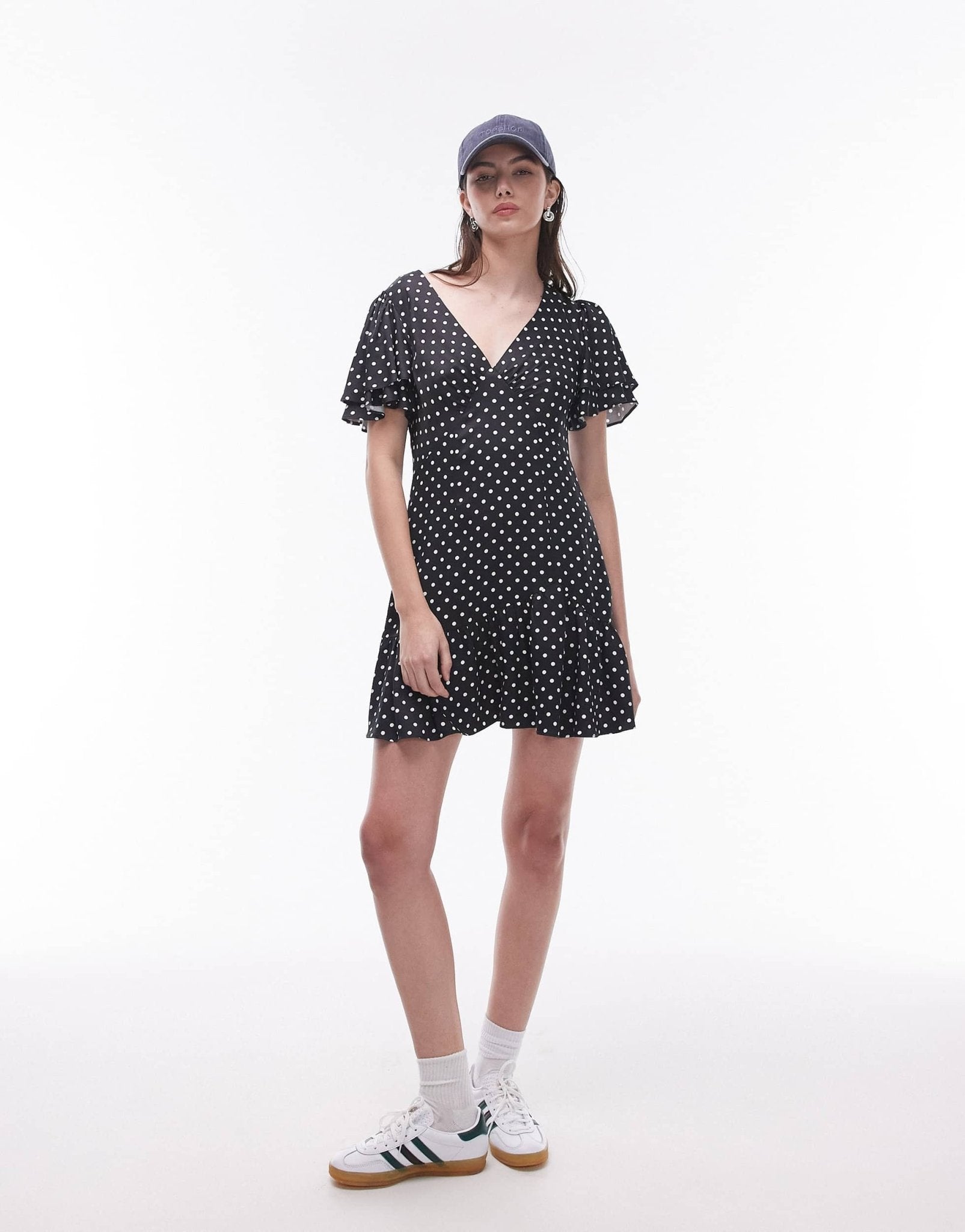 Topshop Bella mini tea dress with flutter sleeve in black and white spot print - ASOS Sample Sale EU Store