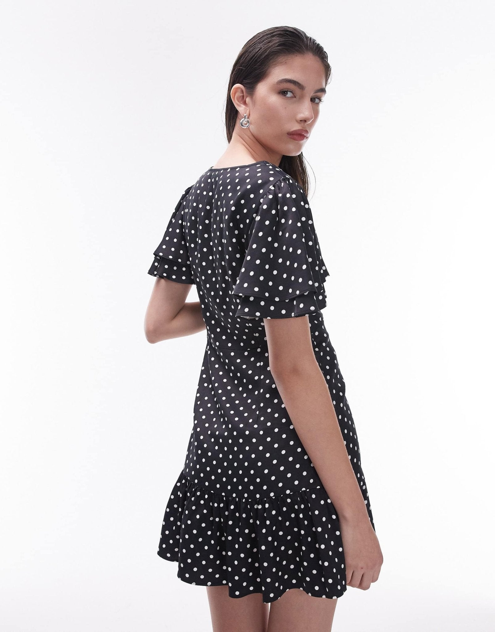 Topshop Bella mini tea dress with flutter sleeve in black and white spot print - ASOS Sample Sale EU Store