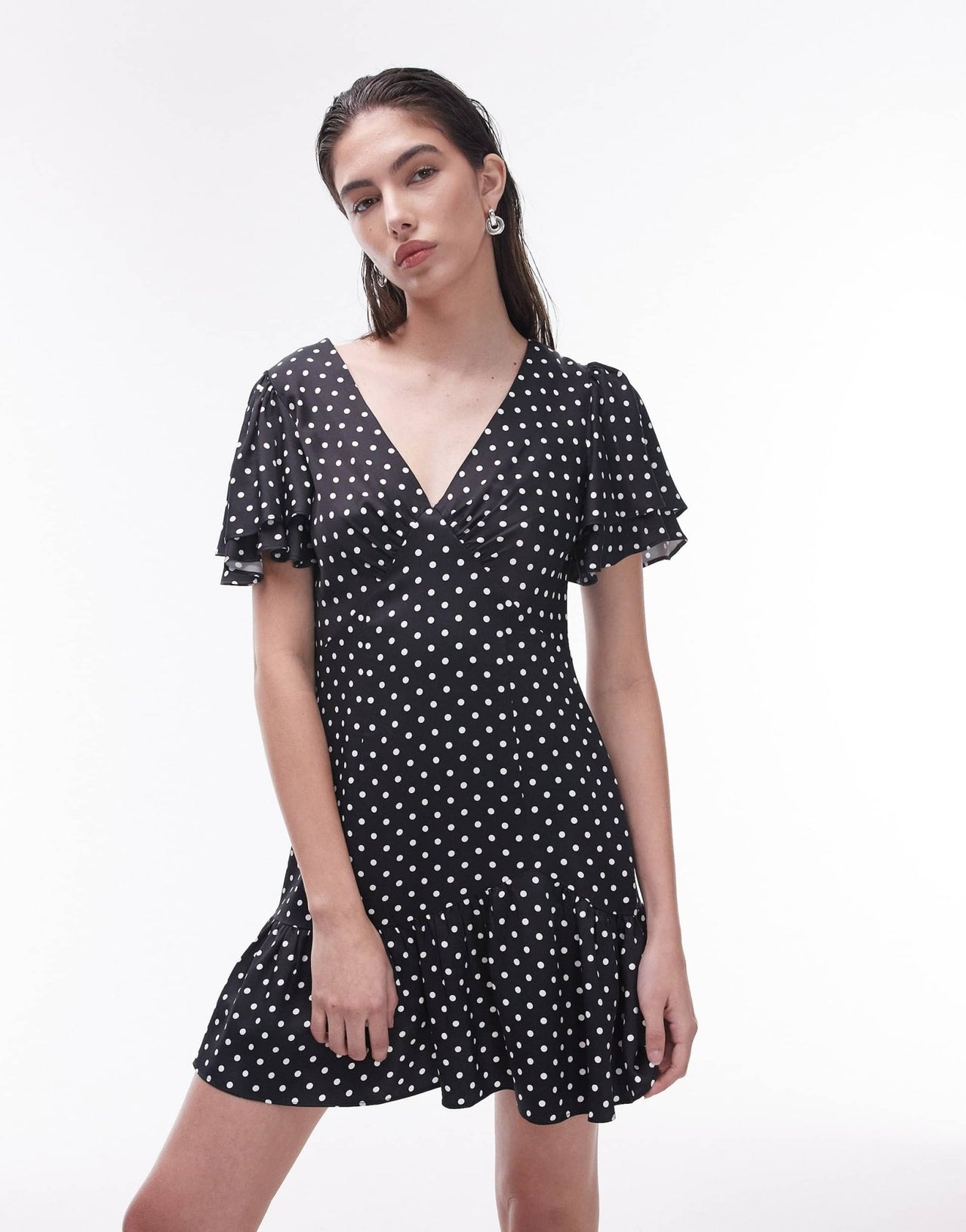 Topshop Bella mini tea dress with flutter sleeve in black and white spot print - ASOS Sample Sale EU Store