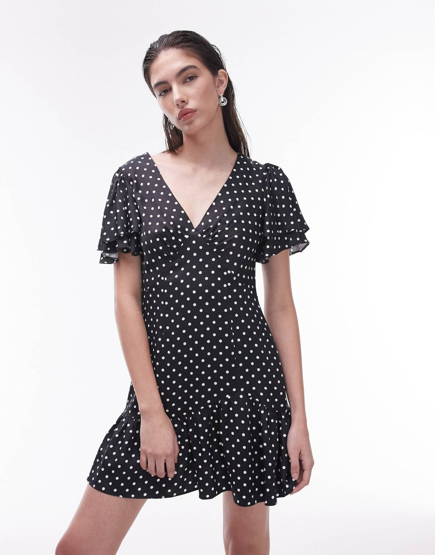 Topshop Bella mini tea dress with flutter sleeve in black and white spot print - ASOS Sample Sale EU Store