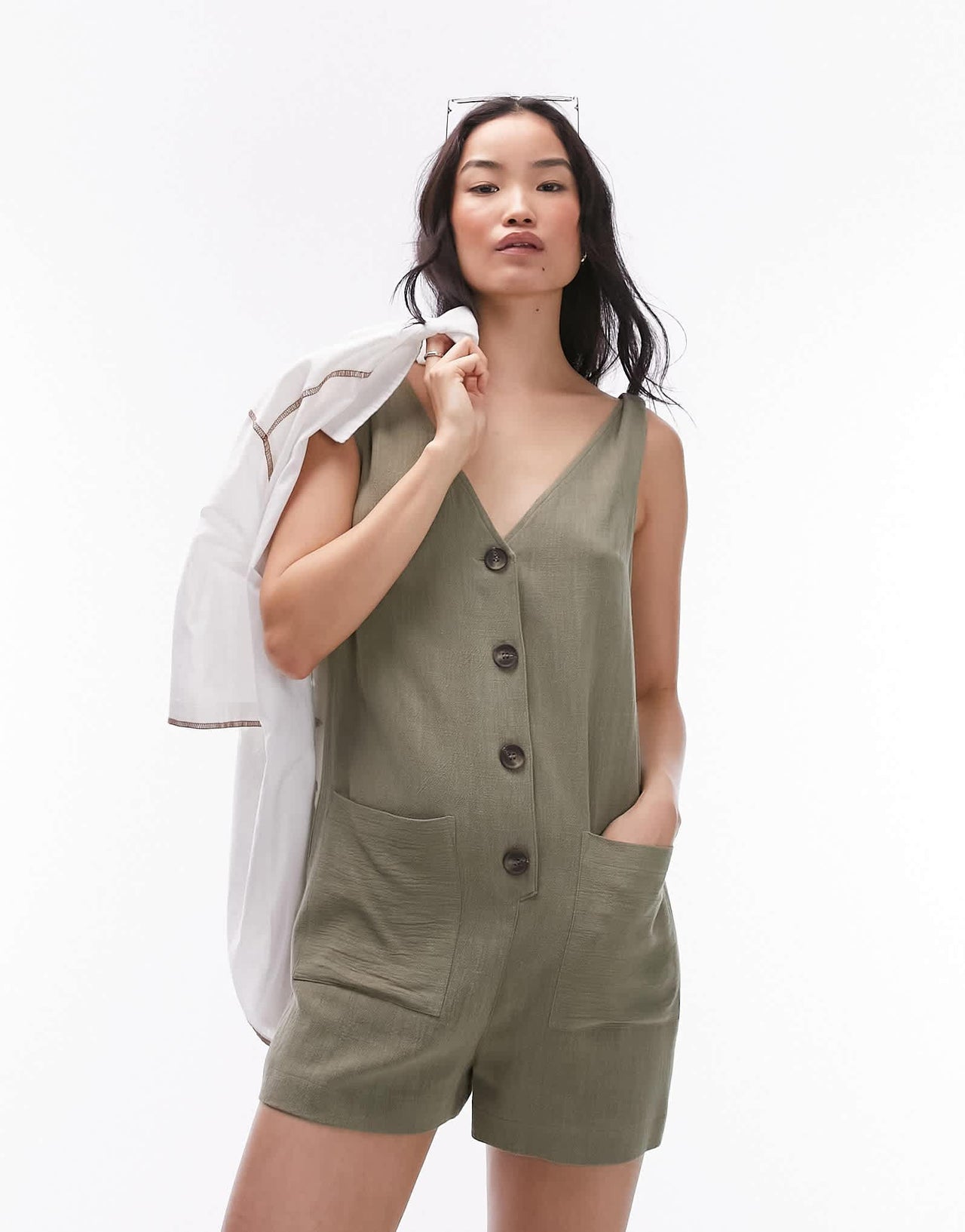 Topshop button down playsuit in khaki - ASOS Sample Sale EU Store