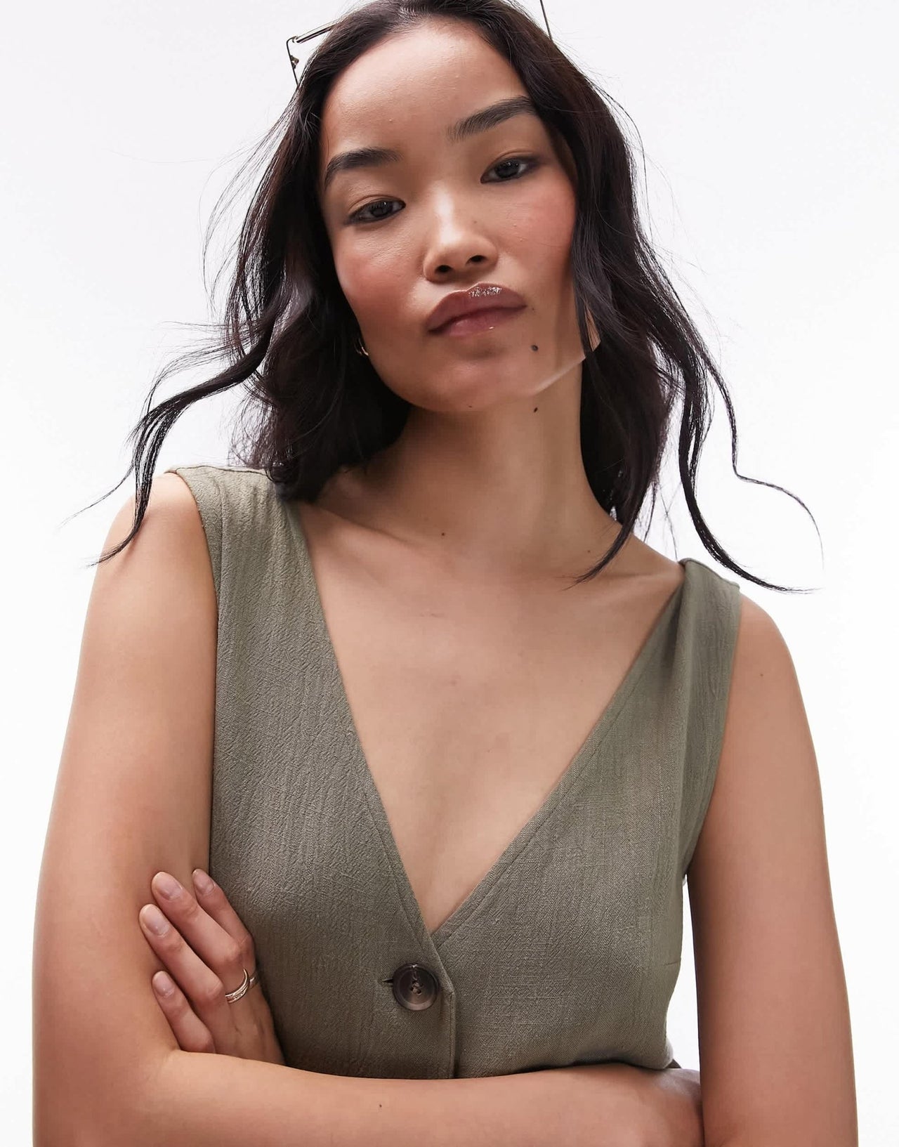 Topshop button down playsuit in khaki - ASOS Sample Sale EU Store