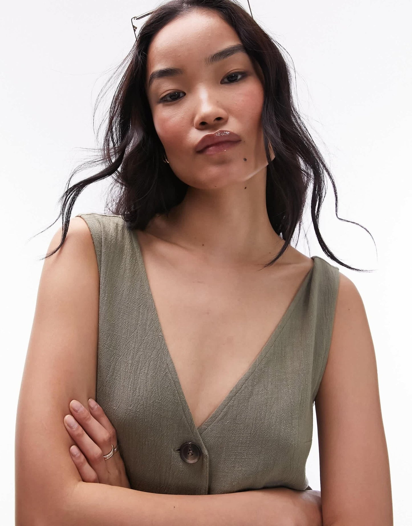 Topshop button down playsuit in khaki - ASOS Sample Sale EU Store