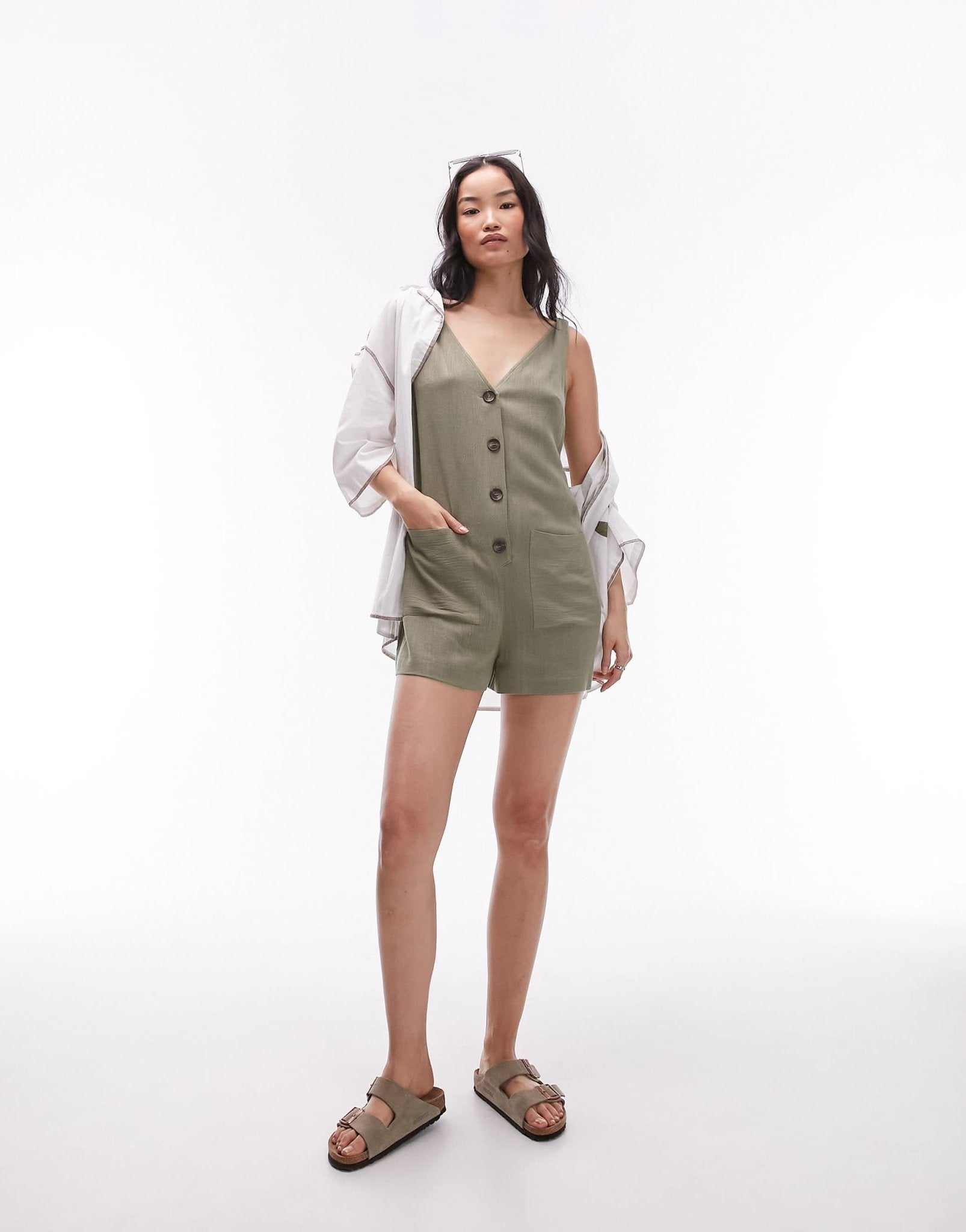 Topshop button down playsuit in khaki - ASOS Sample Sale EU Store