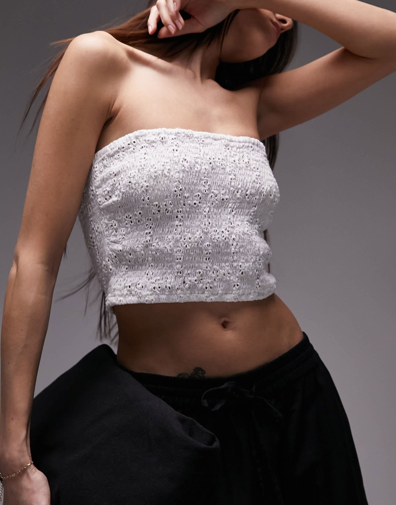 Topshop co - ord broderie shirred bandeau top in white - ASOS Sample Sale EU Store