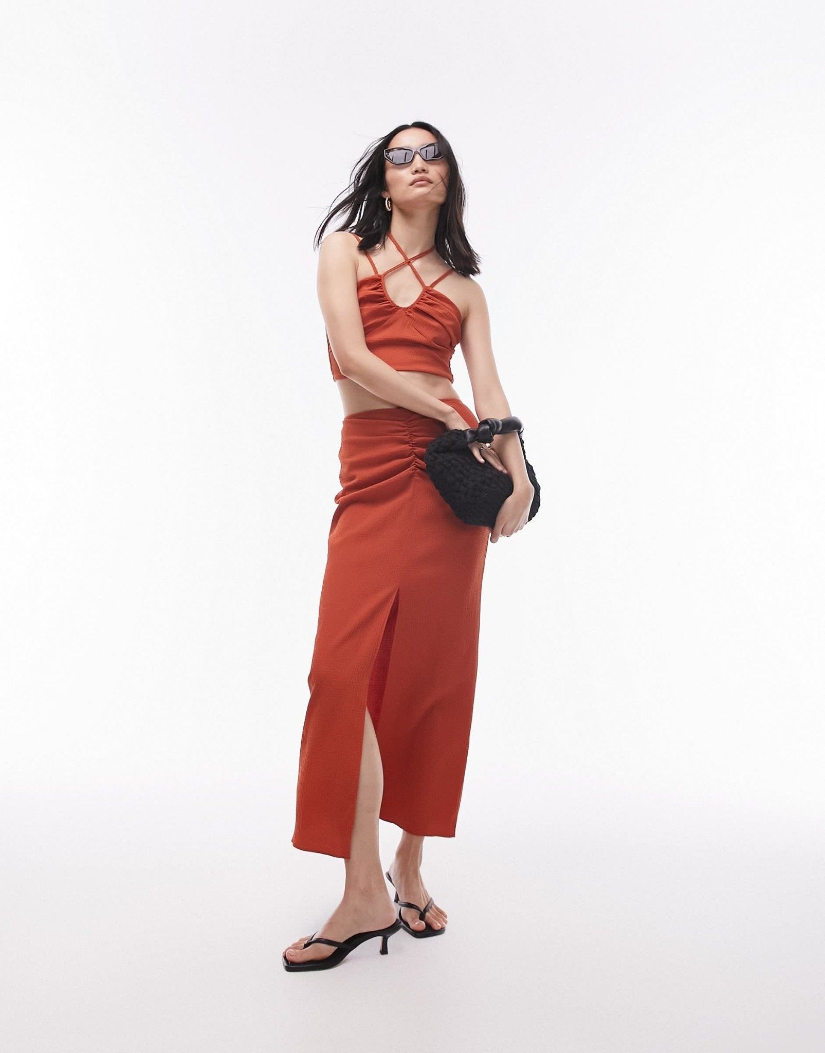 Topshop co - ord centre front ruched maxi skirt in rust - ASOS Sample Sale EU Store