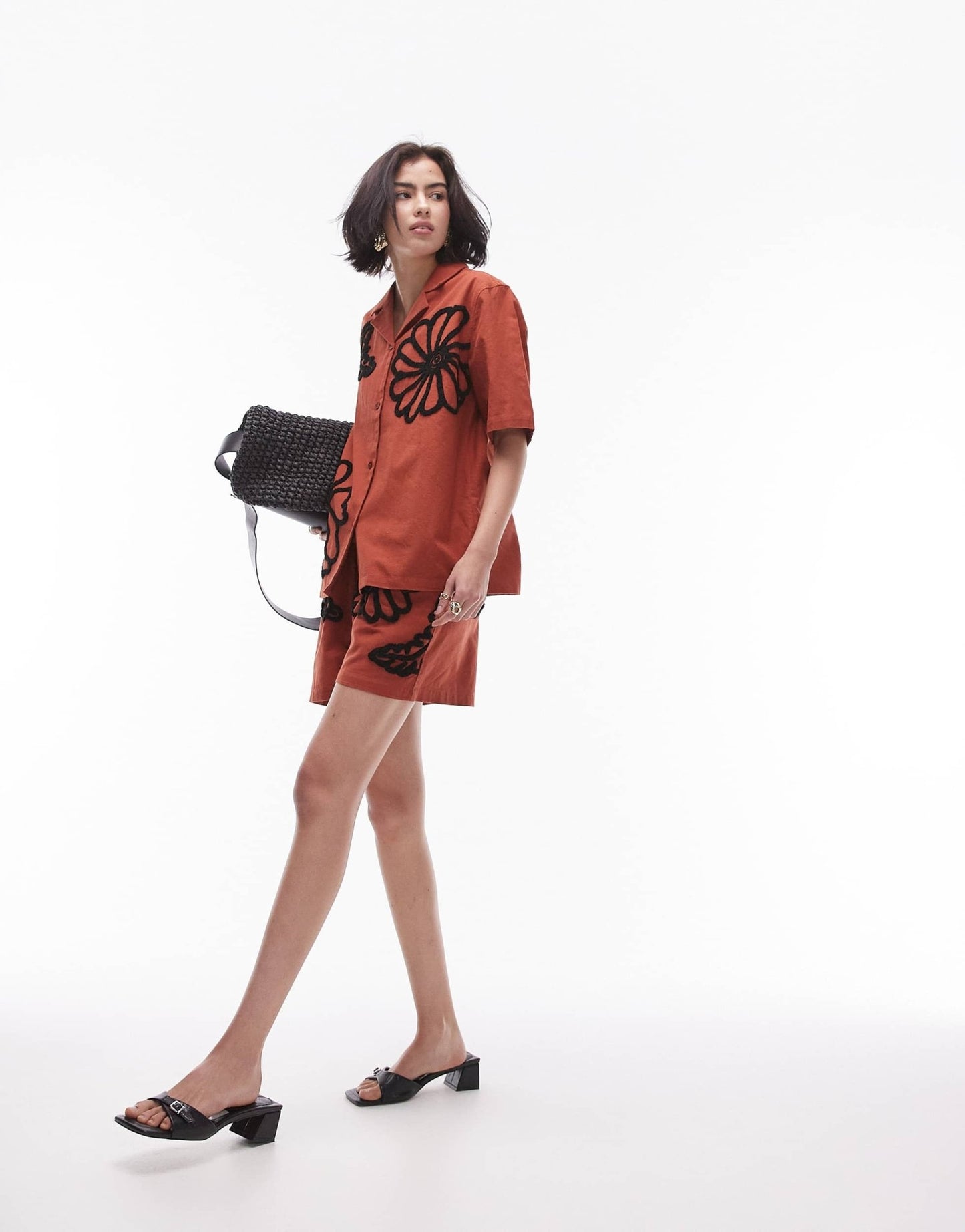 Topshop co - ord flocked floral pull on short in rust - ASOS Sample Sale EU Store
