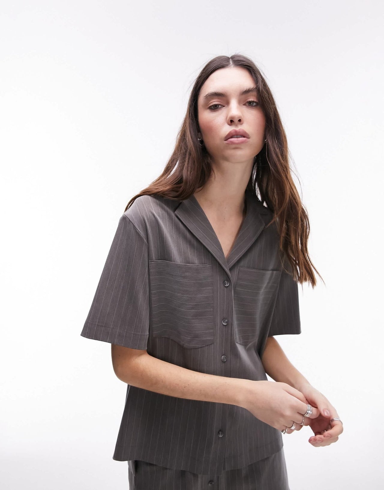 Topshop co ord pinstripe short sleeve shirt in grey - ASOS Sample Sale EU Store