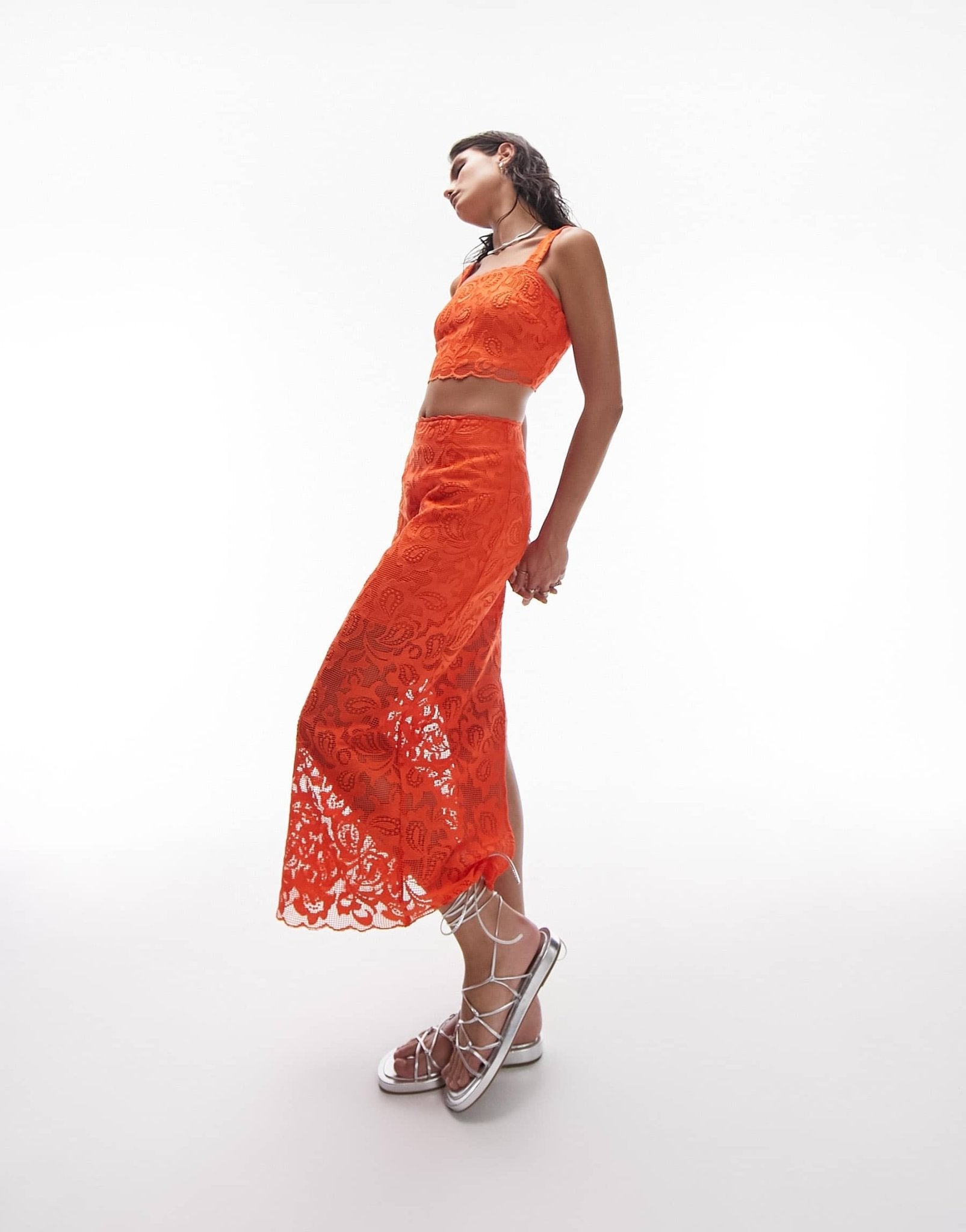Topshop co - ord premium lace detail midi skirt in orange - ASOS Sample Sale EU Store