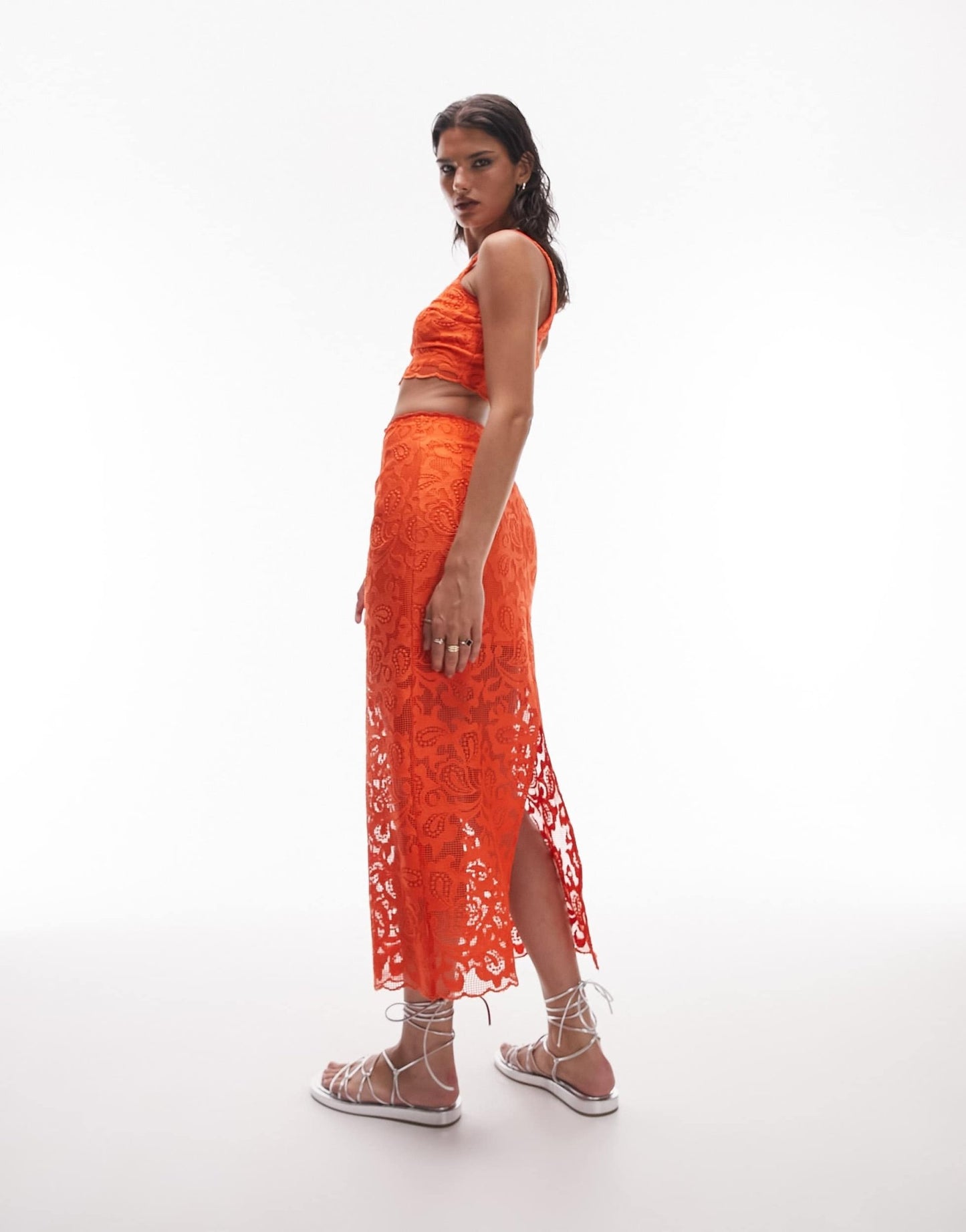 Topshop co - ord premium lace detail midi skirt in orange - ASOS Sample Sale EU Store
