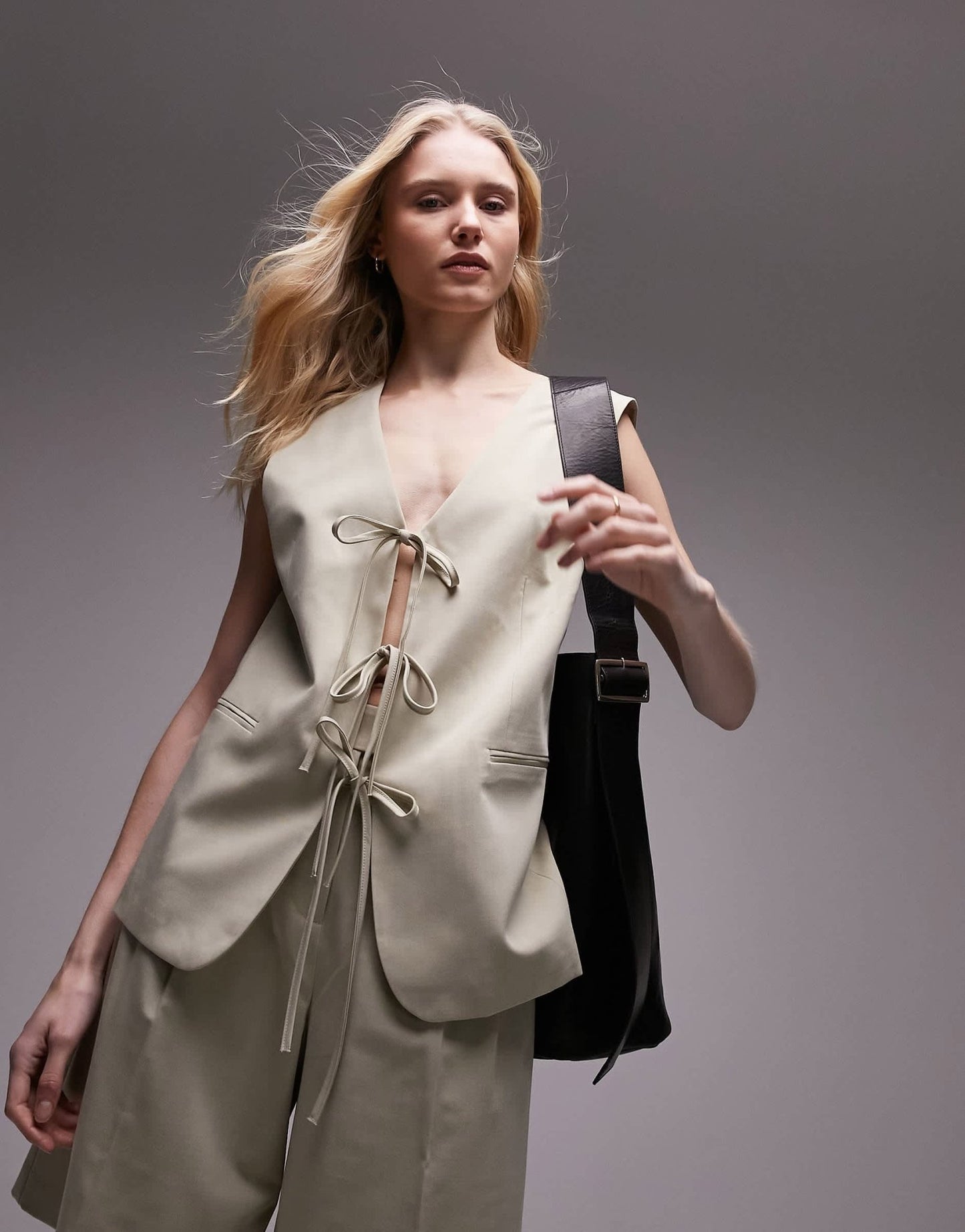 Topshop co - ord tailored tie front waist coat in sand - ASOS Sample Sale EU Store