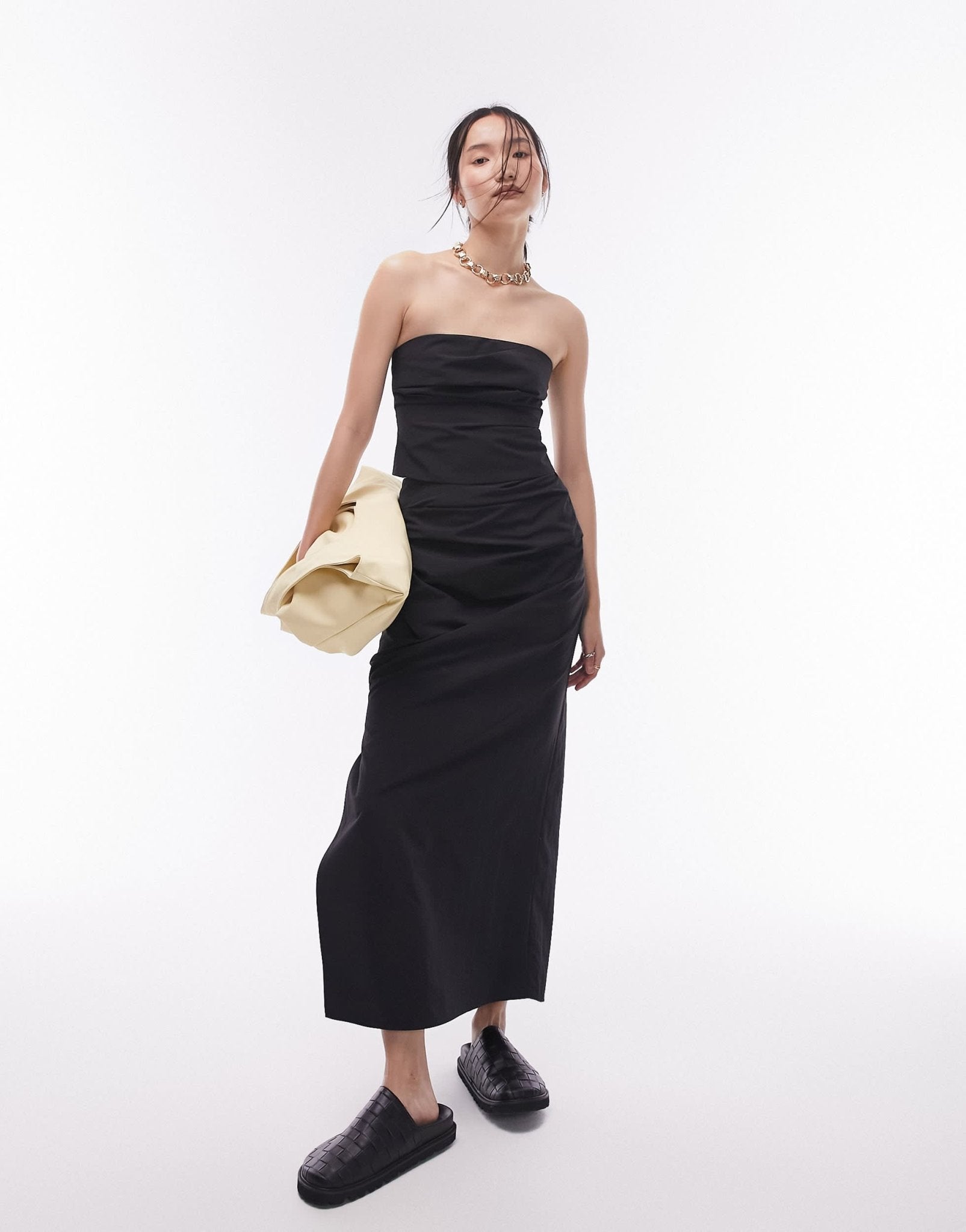 Topshop co - ord technical fabric ruched bandeau top in black - ASOS Sample Sale EU Store