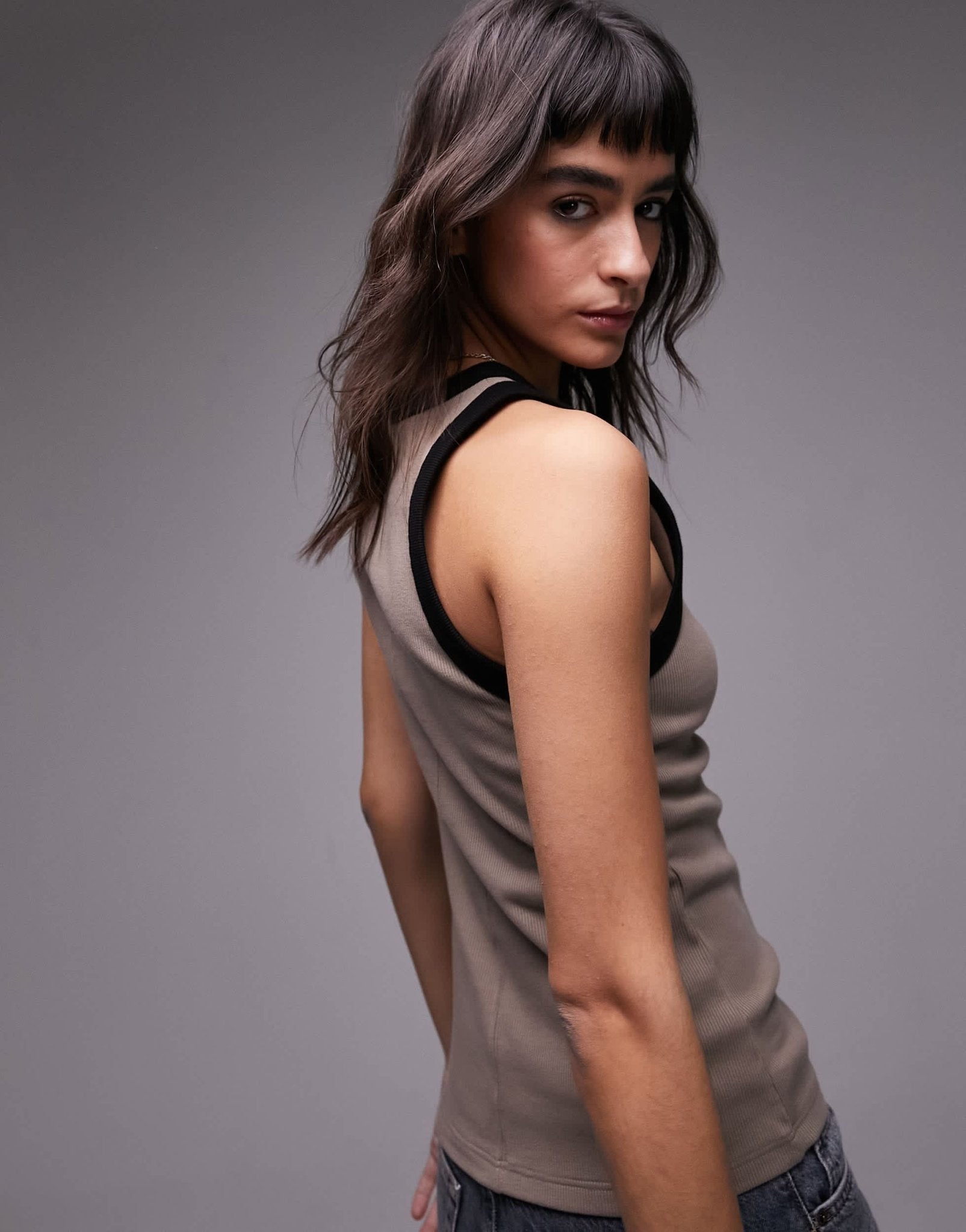 Topshop contrast rib slim vest in khaki - ASOS Sample Sale EU Store