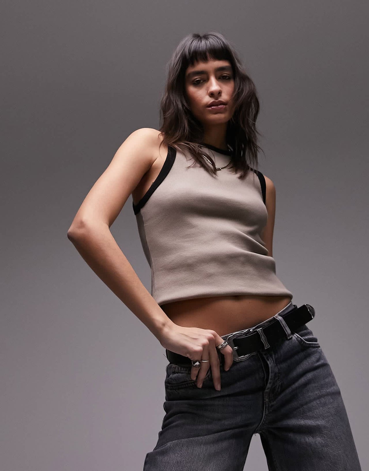 Topshop contrast rib slim vest in khaki - ASOS Sample Sale EU Store