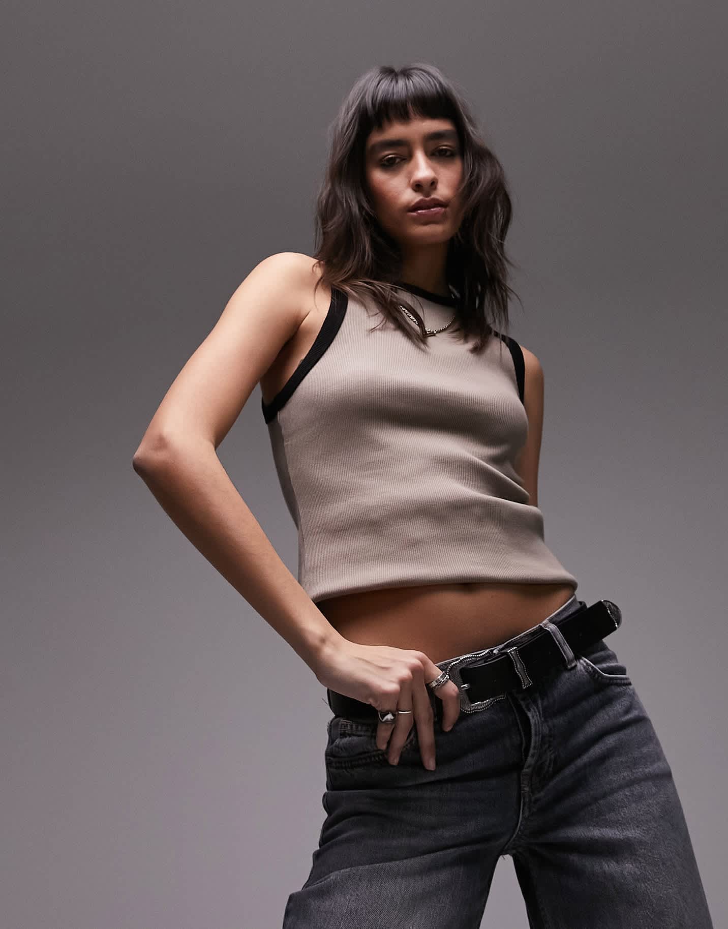 Topshop contrast rib slim vest in khaki - ASOS Sample Sale EU Store