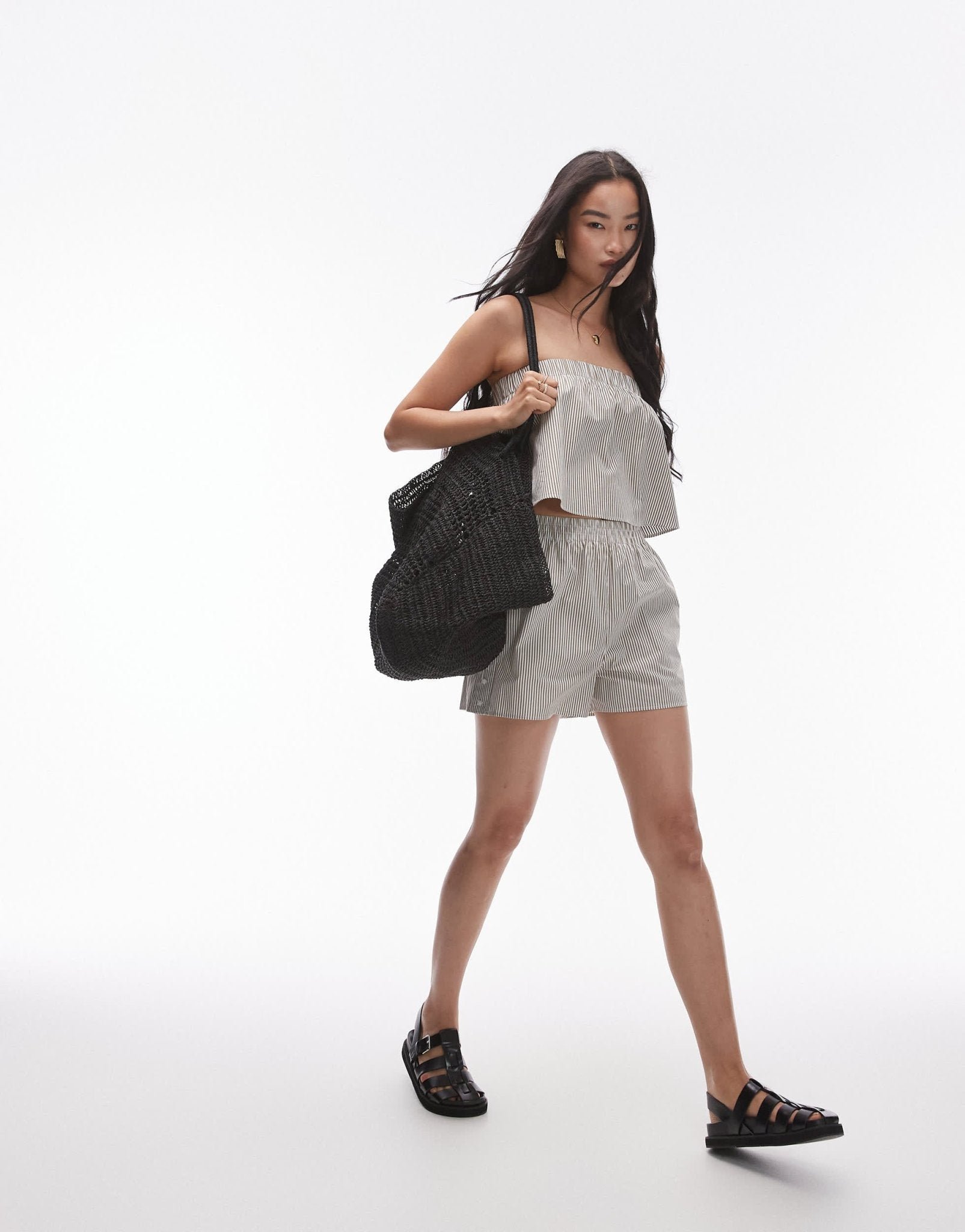 Topshop cotton stripe bandeau top in olive stripe - ASOS Sample Sale EU Store