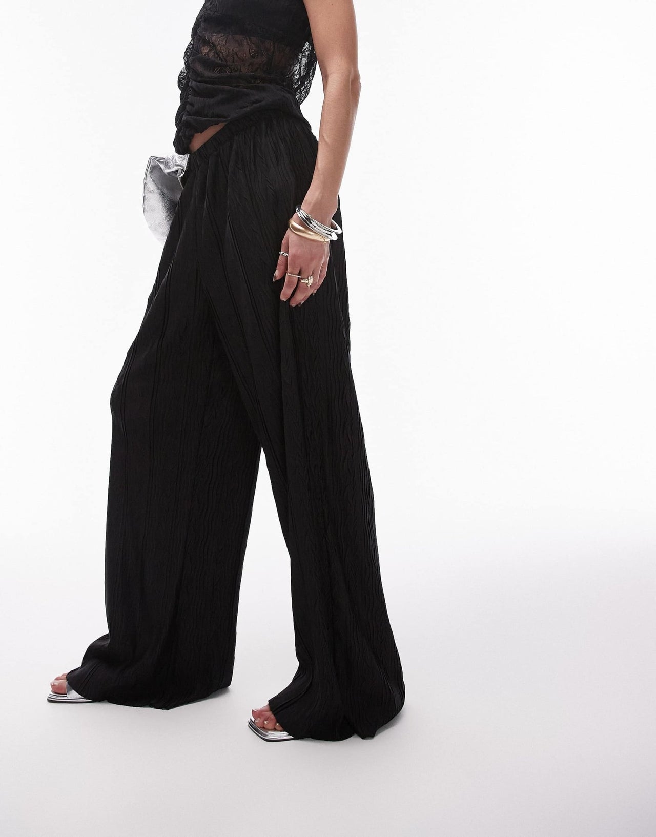 Topshop crinkle plisse wide leg trouser in black - ASOS Sample Sale EU Store