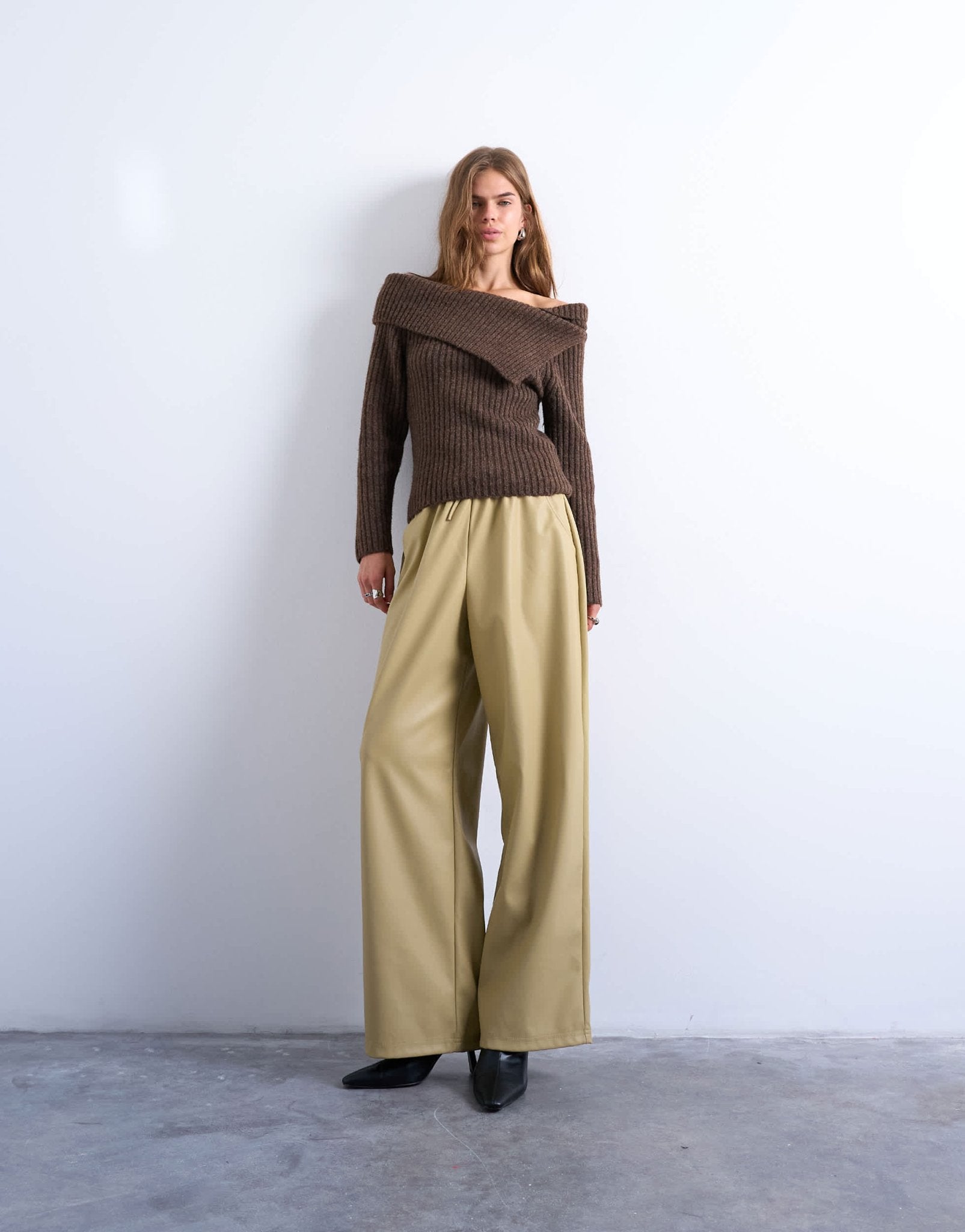Topshop drawstring pull on faux leather straight leg trouser in taupe - ASOS Sample Sale EU Store