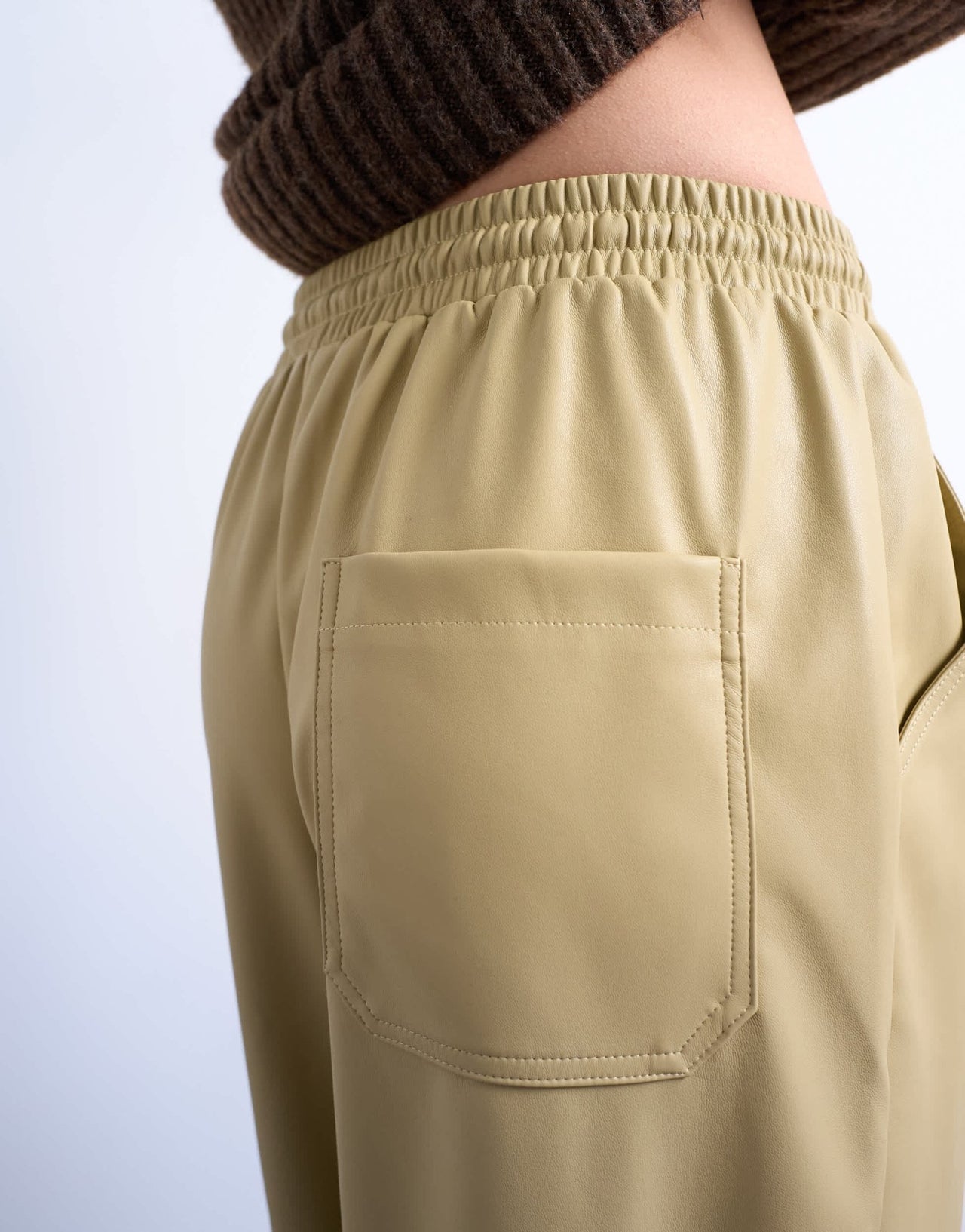Topshop drawstring pull on faux leather straight leg trouser in taupe - ASOS Sample Sale EU Store