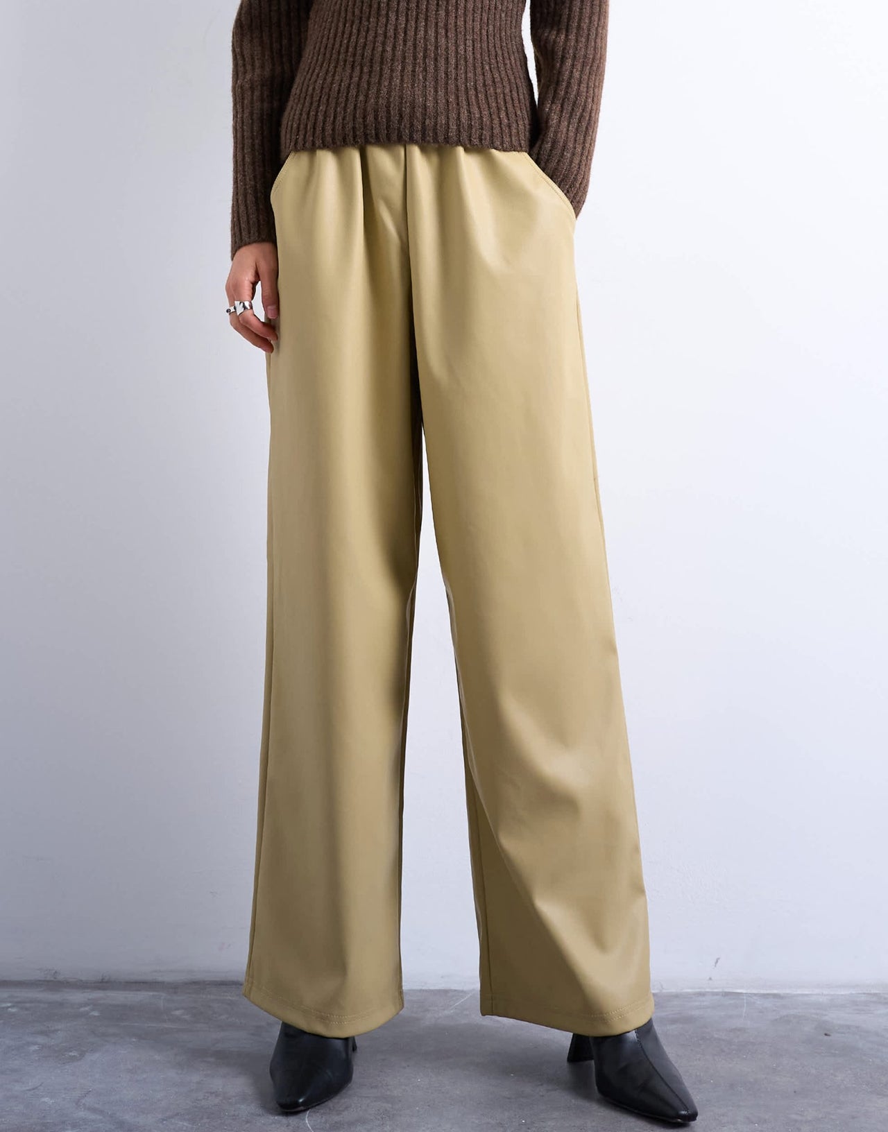 Topshop drawstring pull on faux leather straight leg trouser in taupe - ASOS Sample Sale EU Store